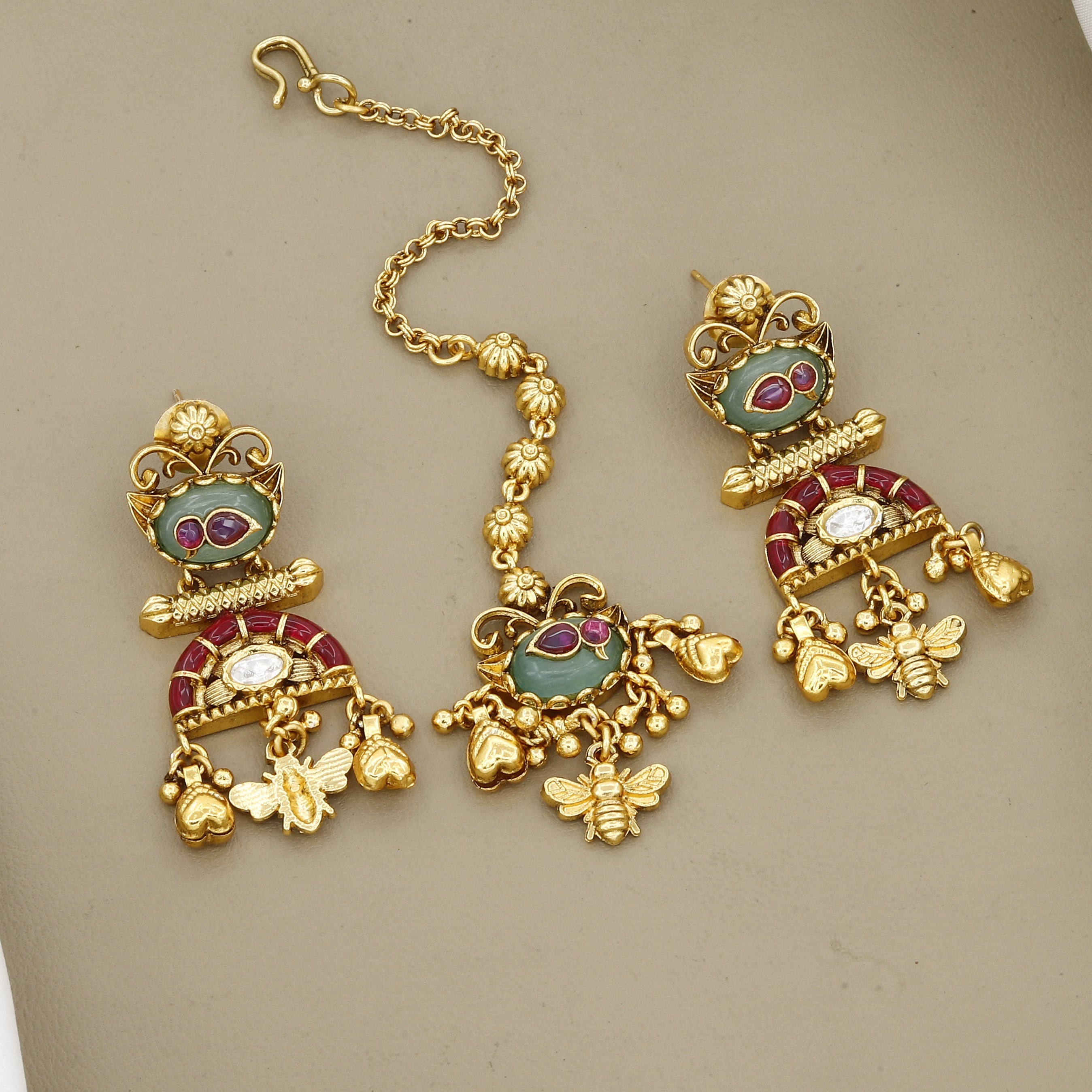 Antique Gold Floral Necklace Set with Bee Charms & Maang Tikka