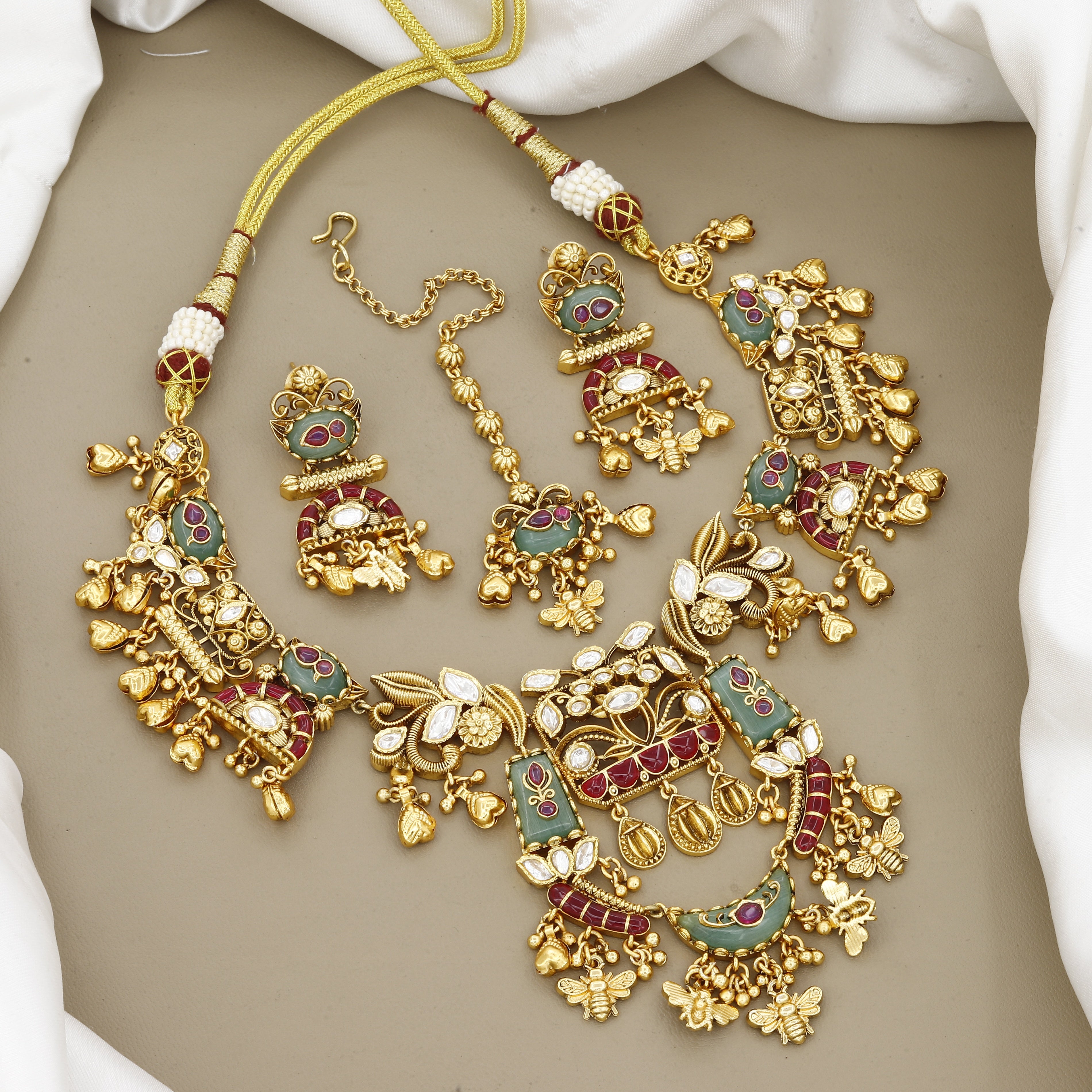 Antique Gold Floral Necklace Set with Bee Charms & Maang Tikka