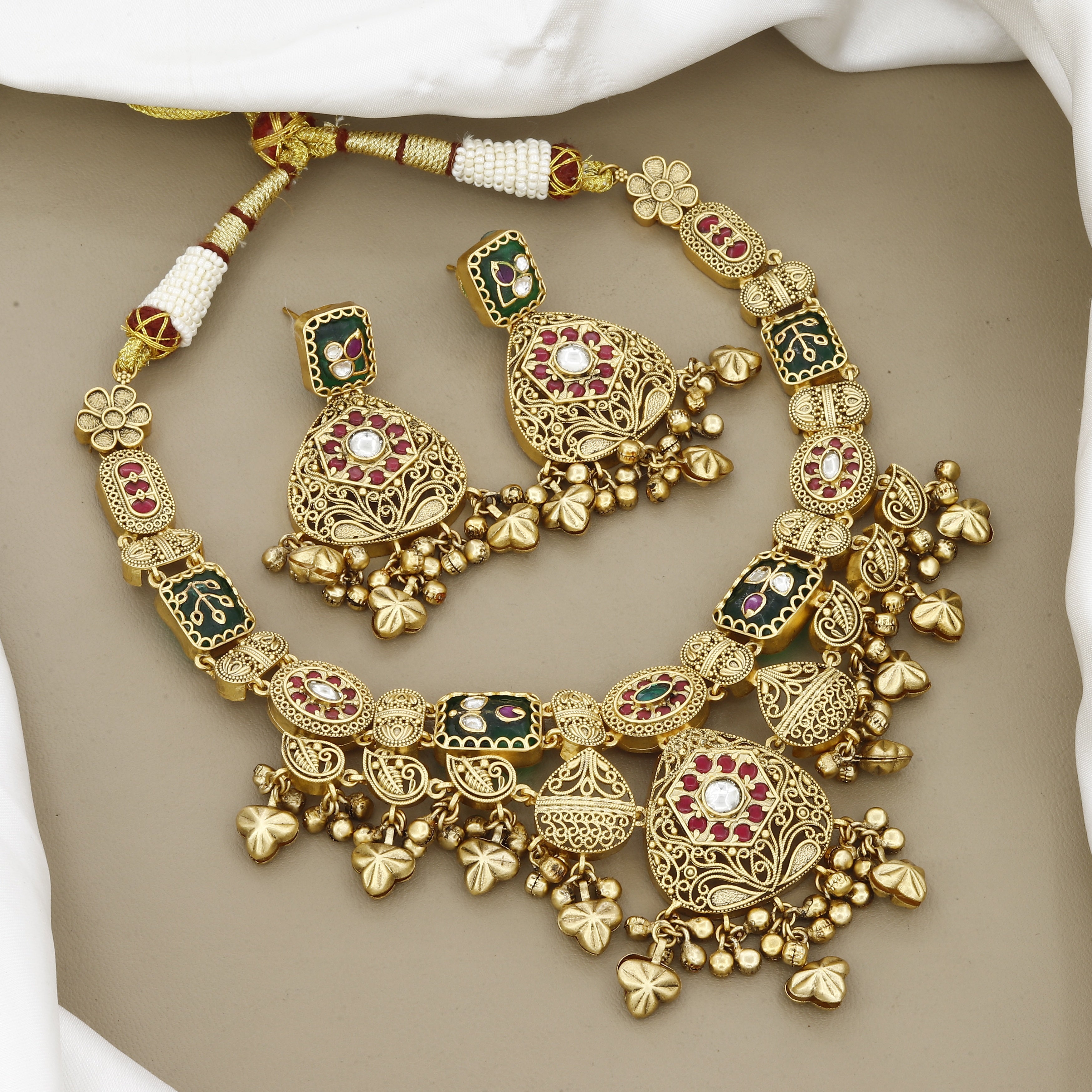 Antique Gold Filigree Necklace Set with Heart-Shaped Charms & Enamel