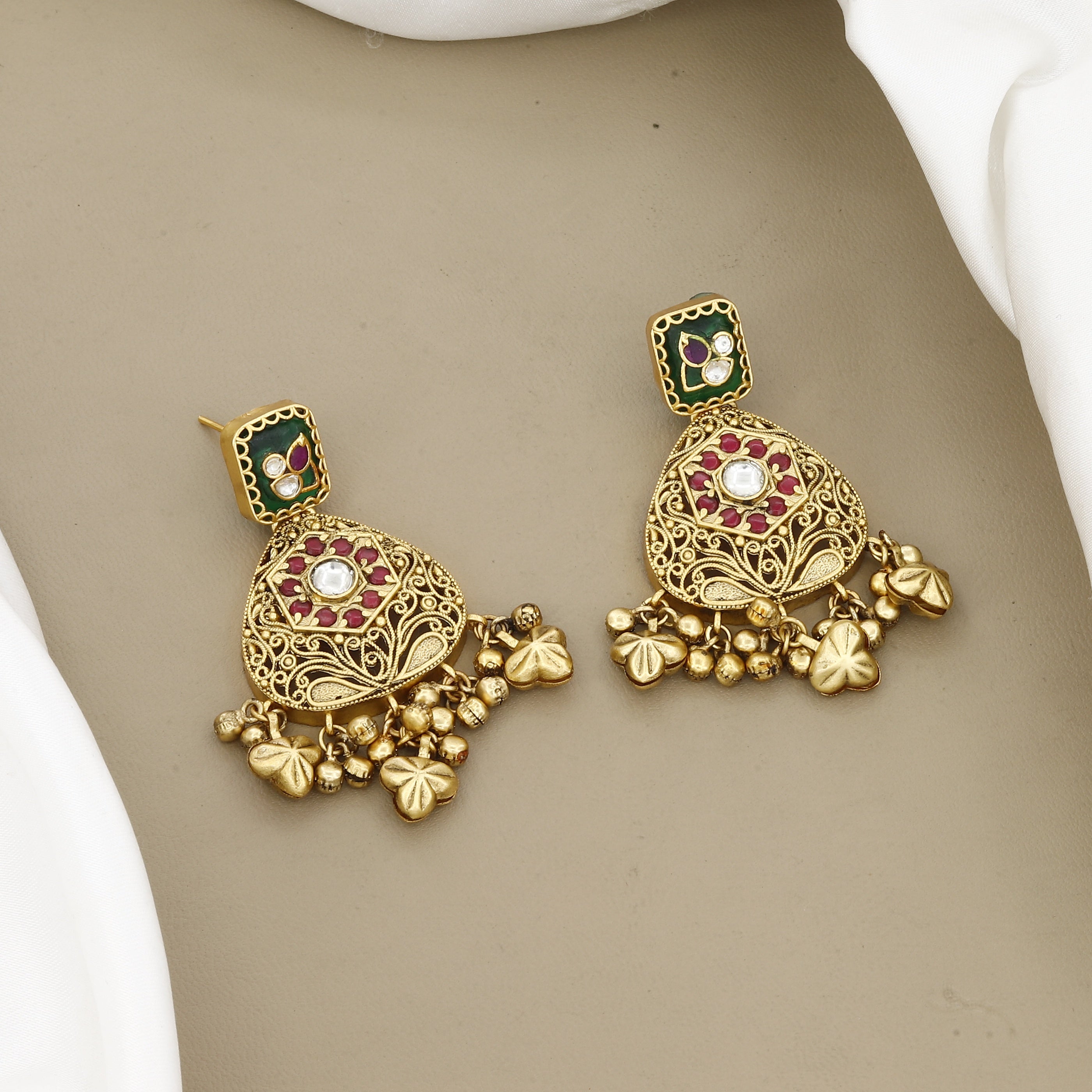 Antique Gold Filigree Necklace Set with Heart-Shaped Charms & Enamel