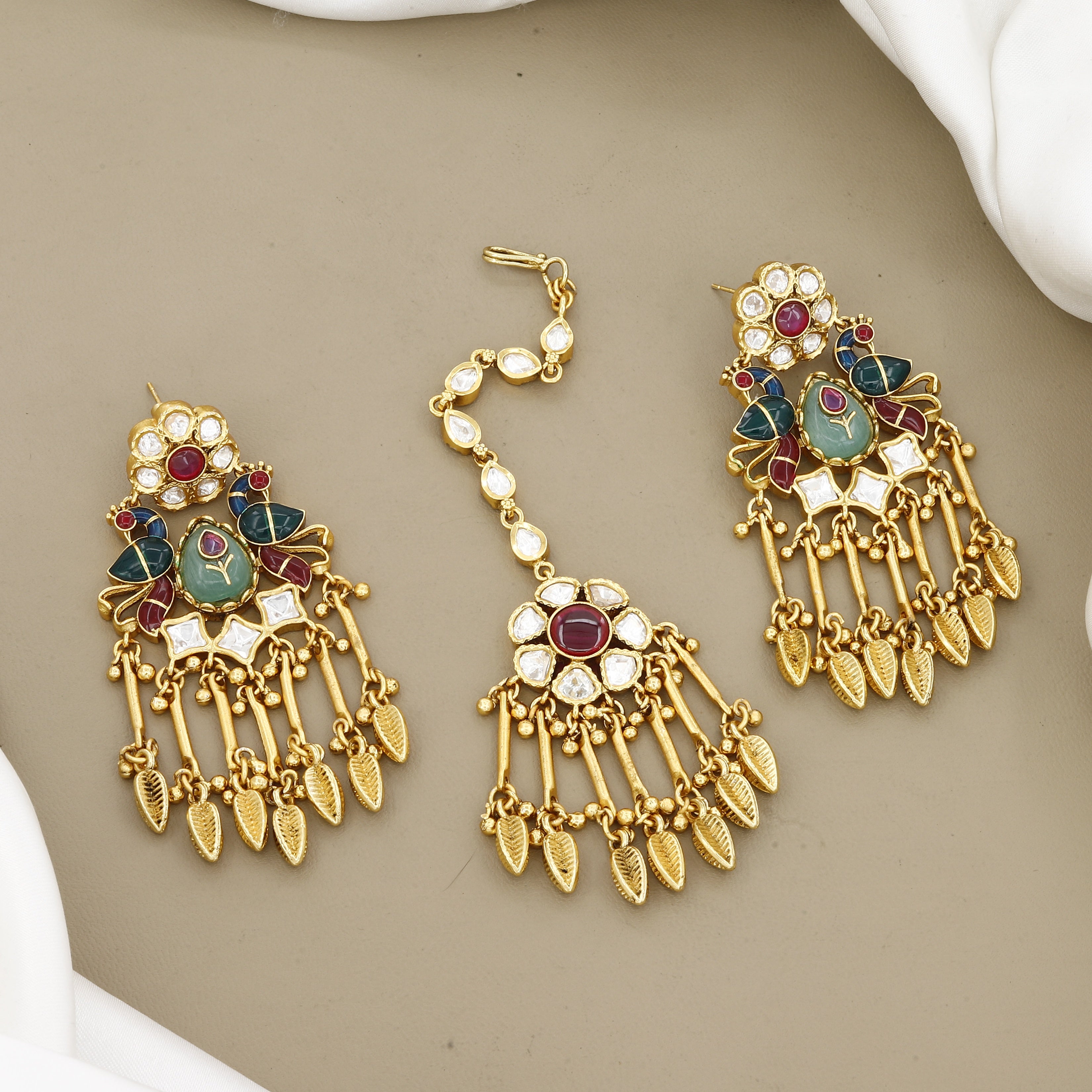 Grand Bridal Antique Gold Necklace Set with Peacock Motifs & Leaf Fringe