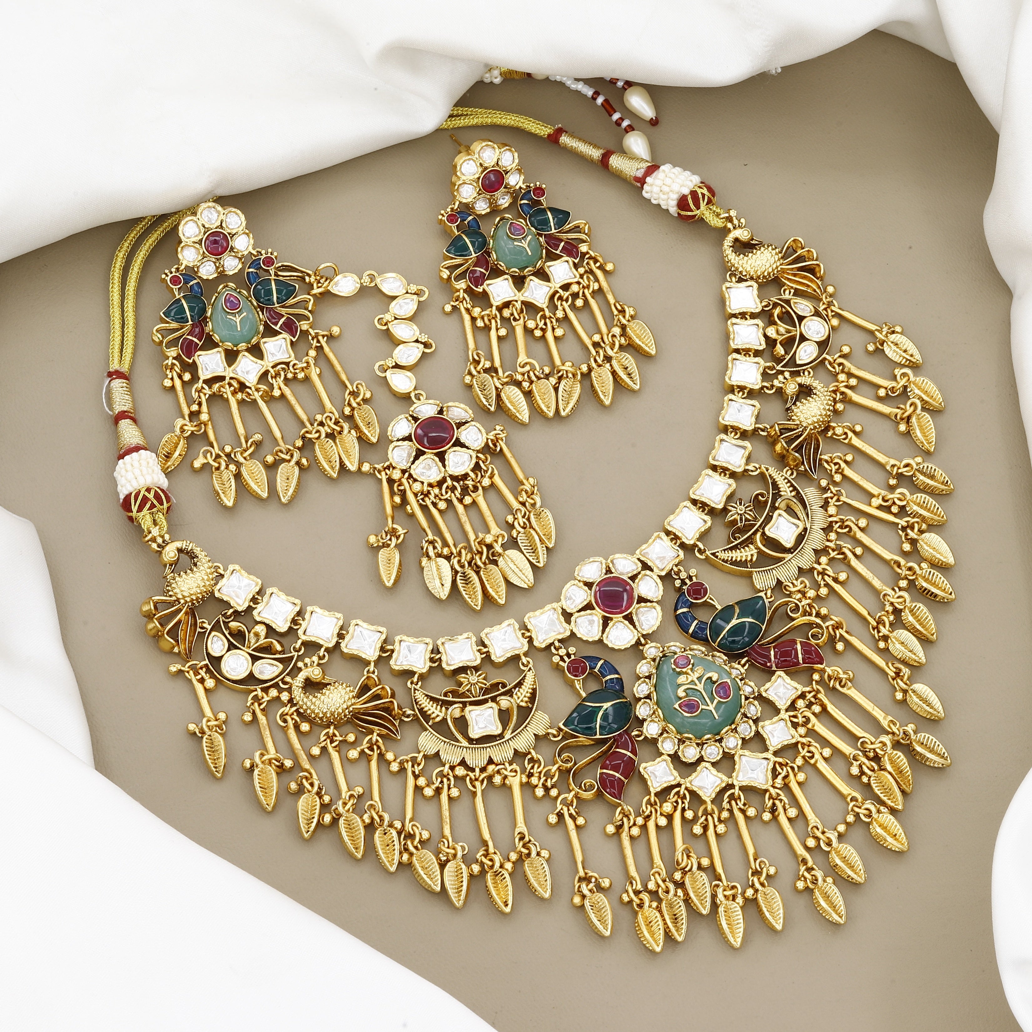 Grand Bridal Antique Gold Necklace Set with Peacock Motifs & Leaf Fringe