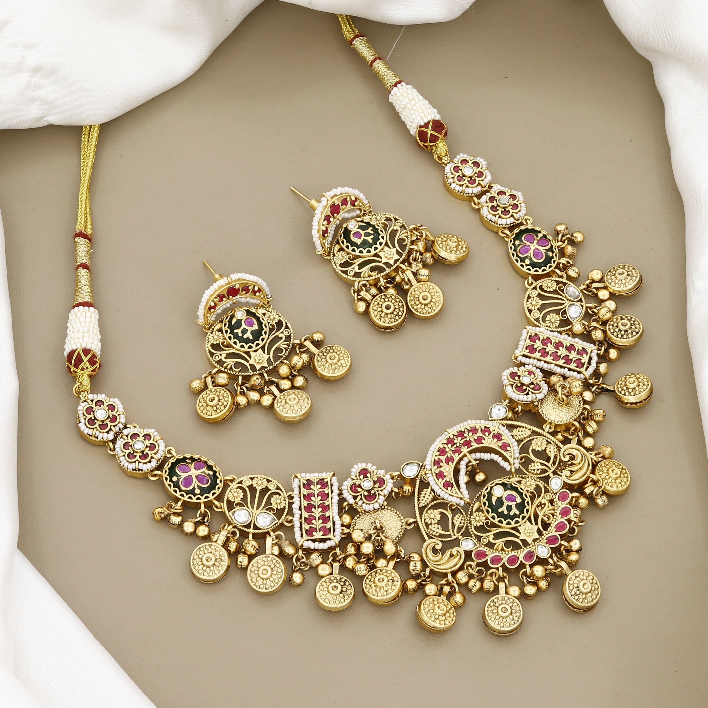 Intricate Gold Filigree Choker Set with Crescent Moon & Coin Drops