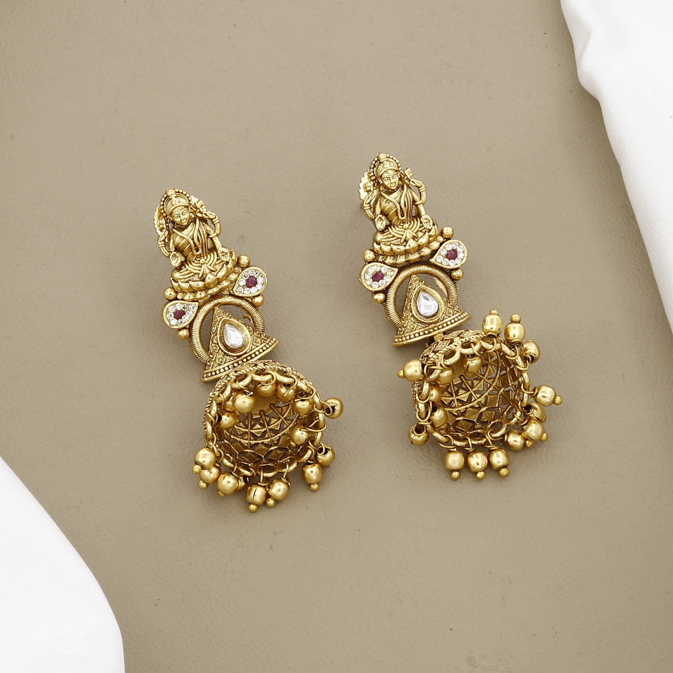 Antique Gold Temple Jewelry Necklace with Goddess Motifs & Jhumkas