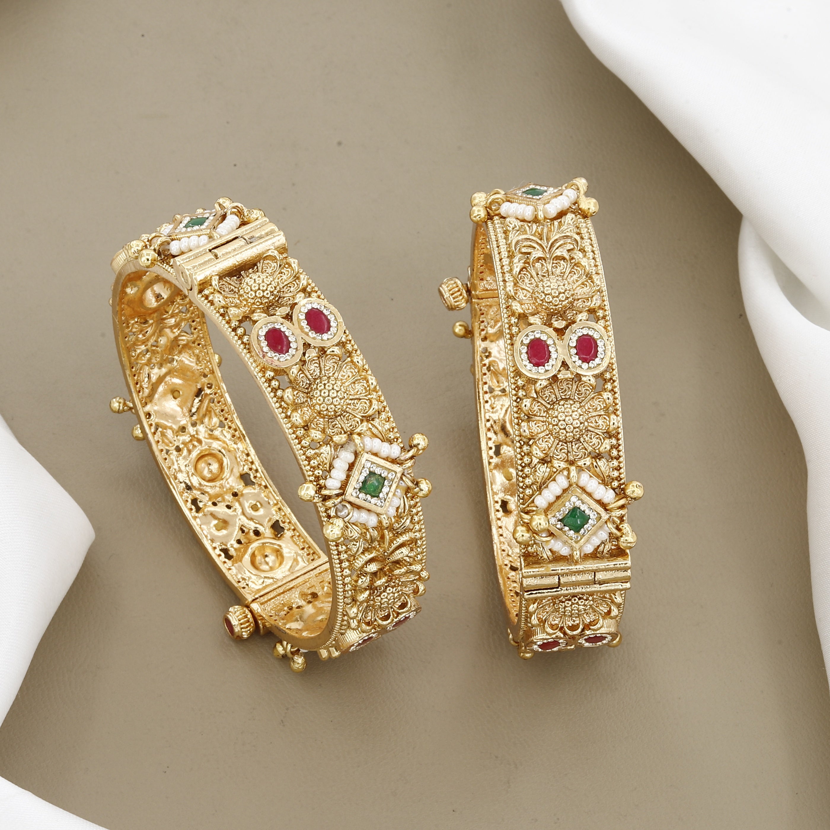 Antique Gold Patla Set with Ruby, Emerald & Pearl Accents