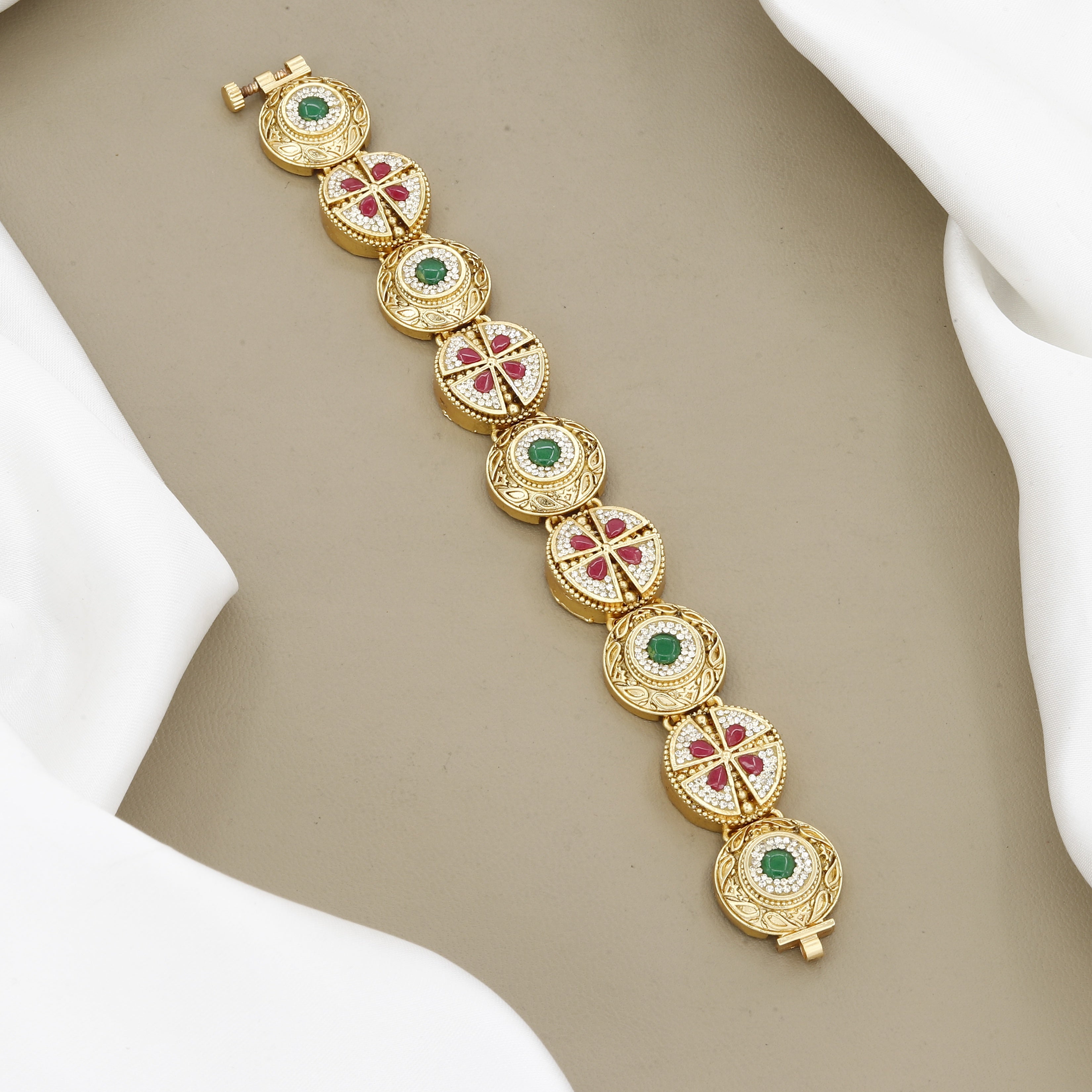 Royal Emerald & Ruby Gold-Plated Circular Medallion Bracelet