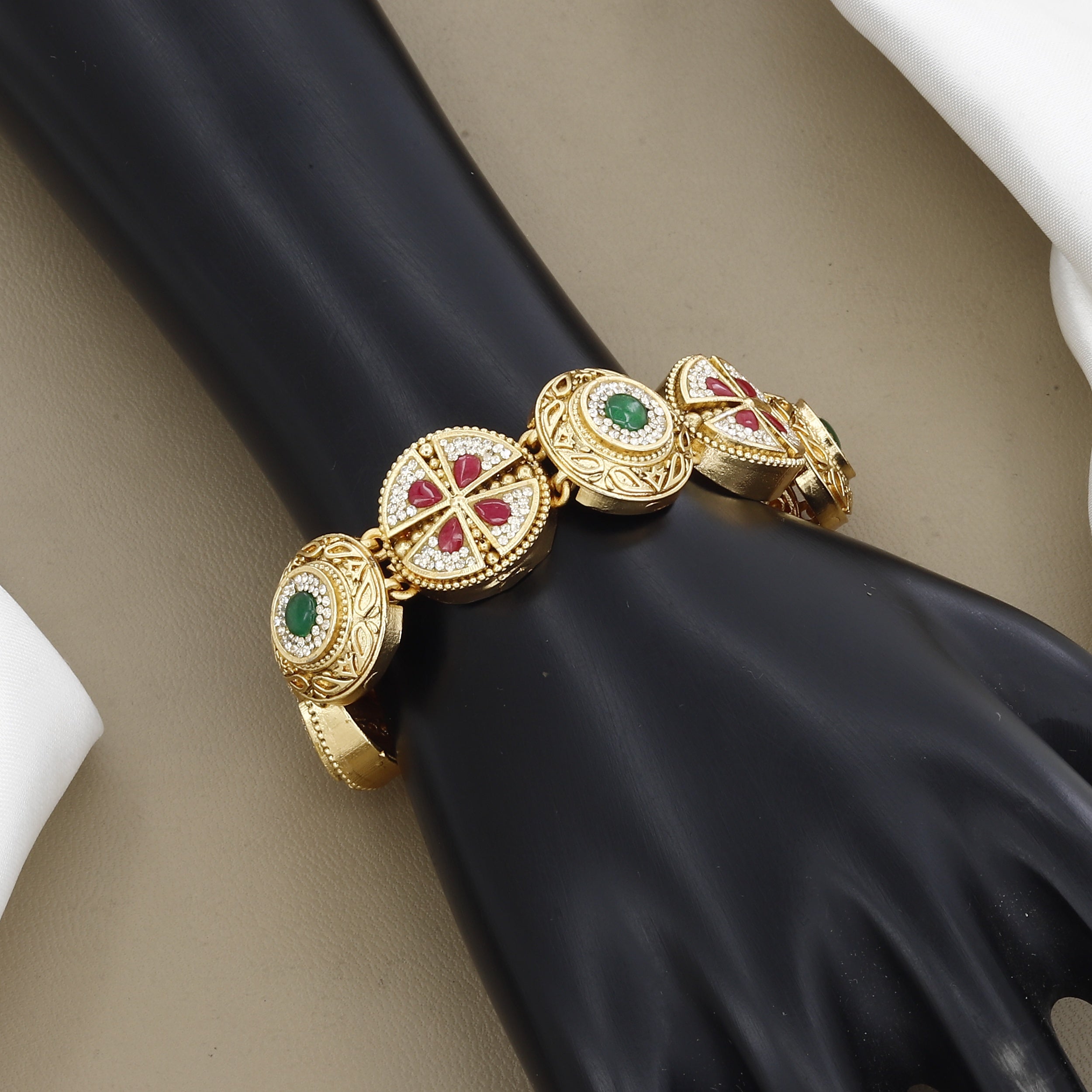 Royal Emerald & Ruby Gold-Plated Circular Medallion Bracelet