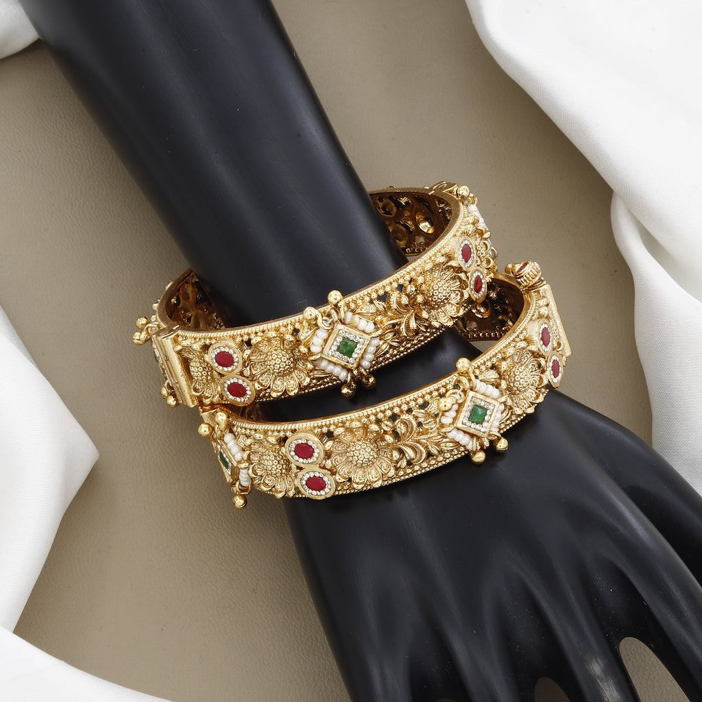 Antique Gold Patla Set with Ruby, Emerald & Pearl Accents