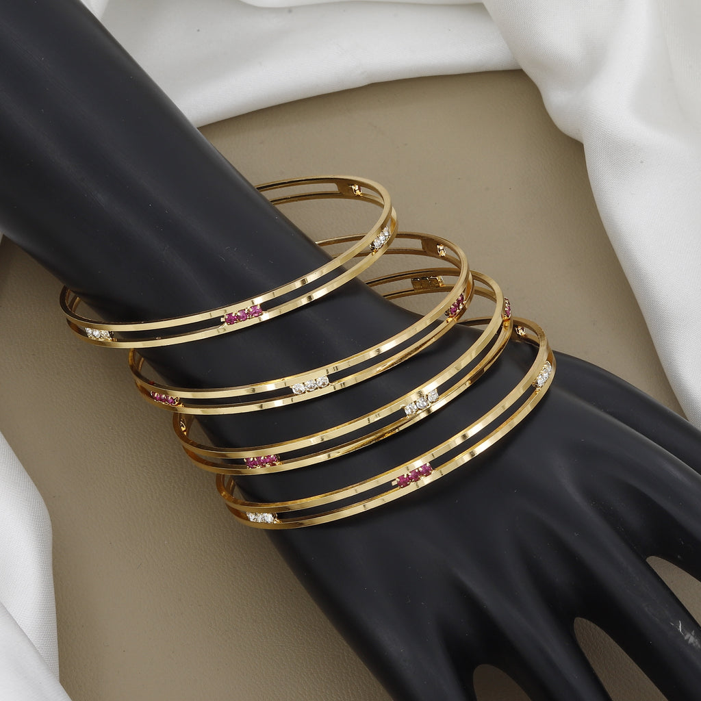 Set of 4 Thin Gold Toned Bangles with Ruby & CZ Stones