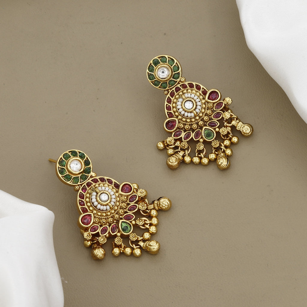 Traditional Gold Plated Multi-Layered Pearl Necklace Set with Chandbali Earrings