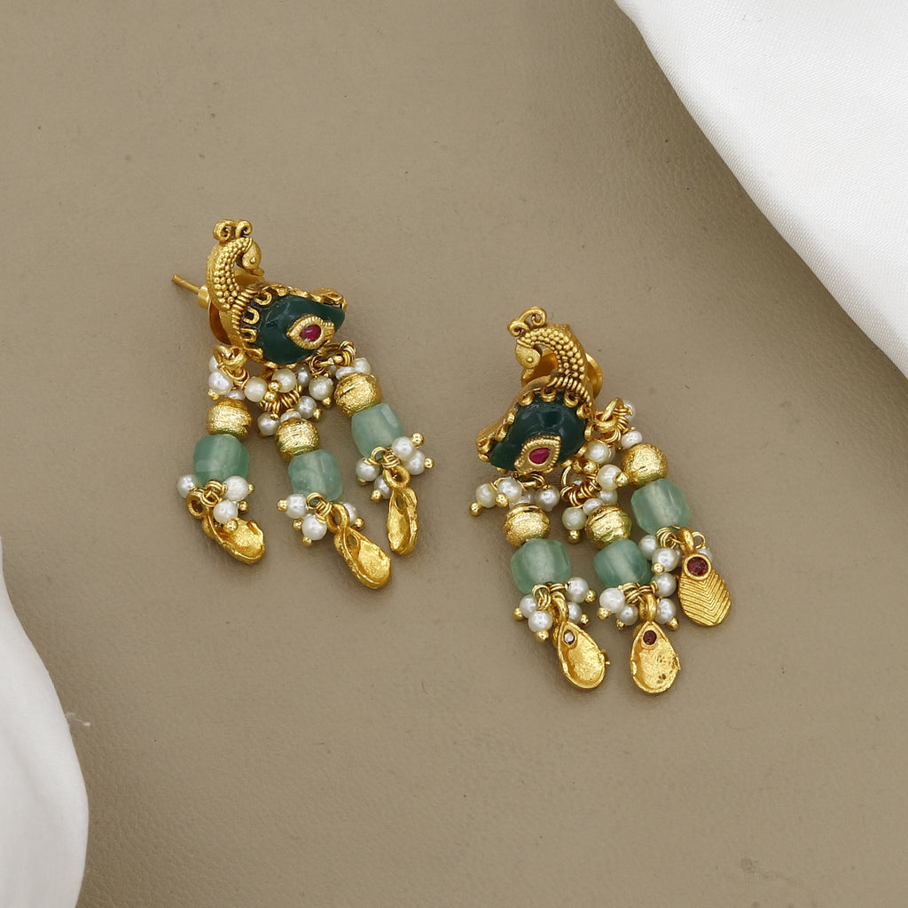 Antique Gold Peacock Necklace Set with Emerald Green Beads & Pearls