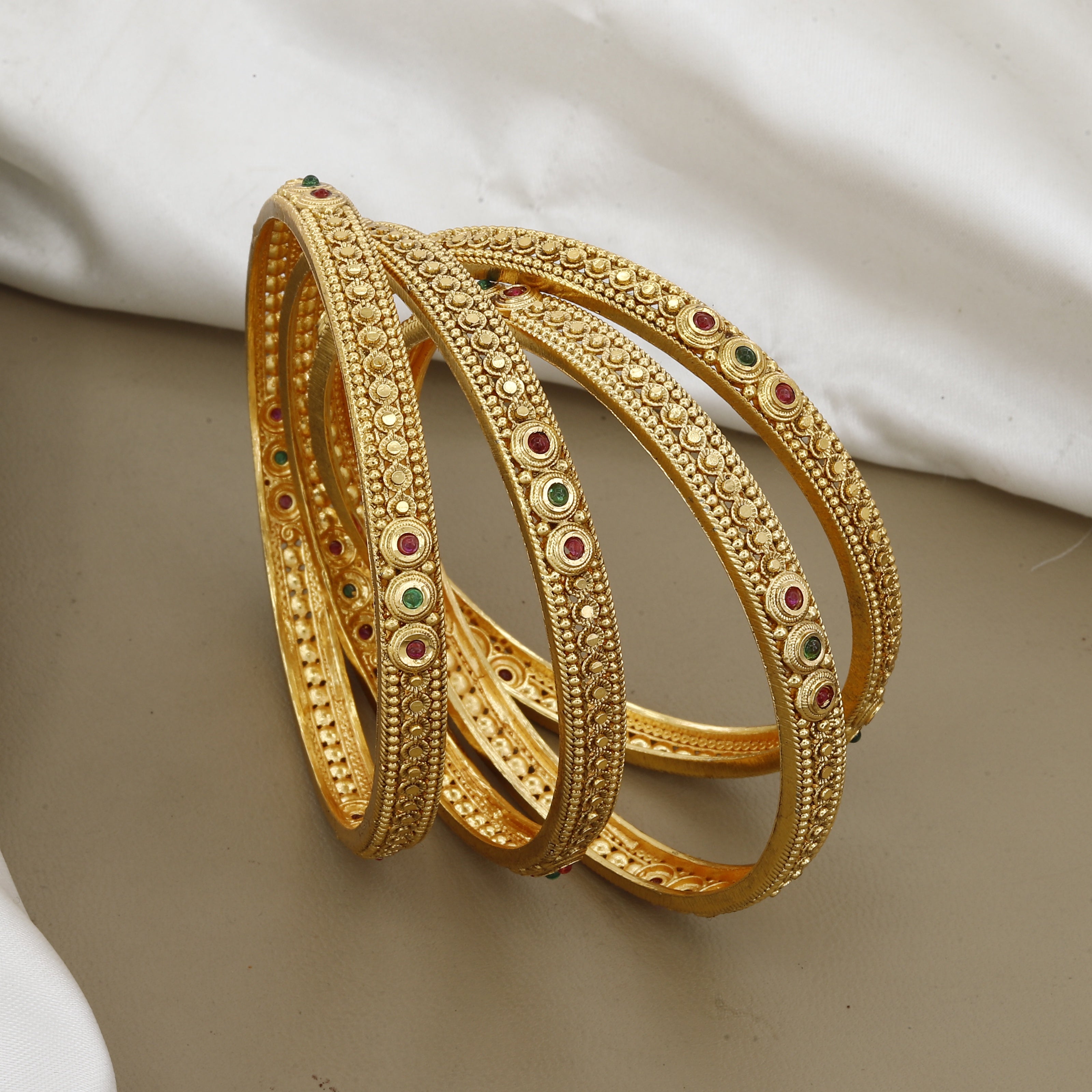 Traditional Antique Gold Bangle Set with Ruby & Emerald Stones