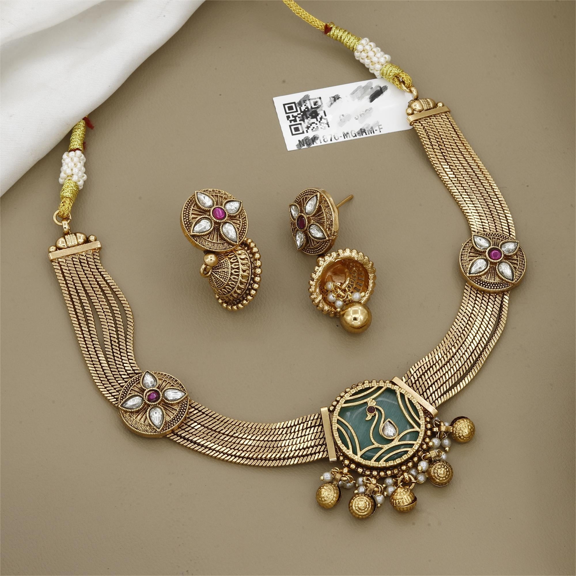 Antique Gold Layered Swan Pendant Necklace with Jhumkis