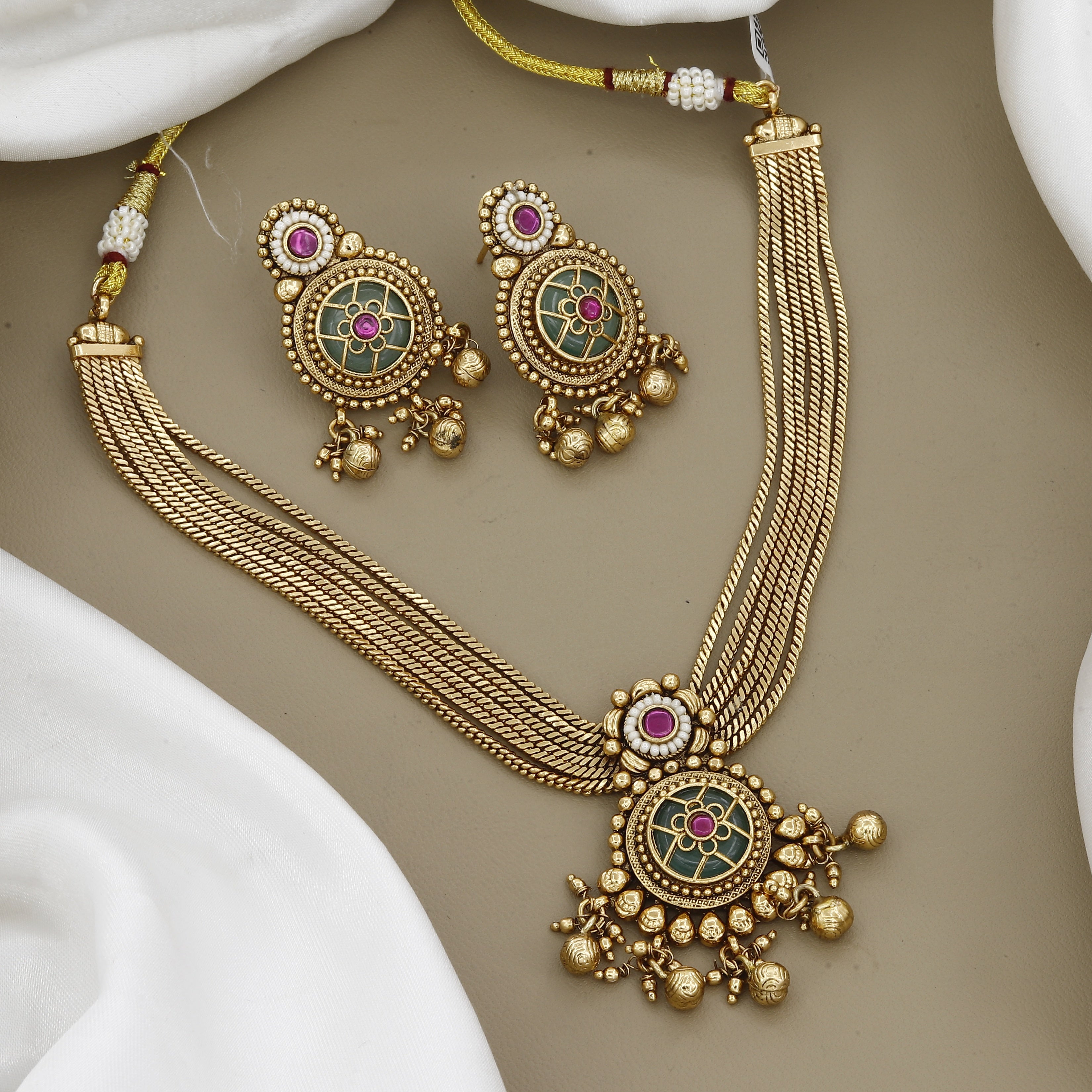 Antique Gold Multi-Strand Necklace Set with Round Pendant