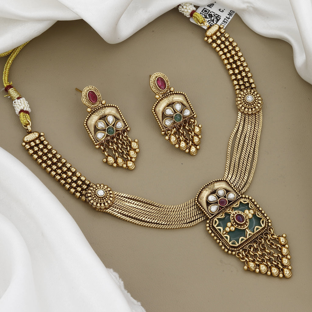 Antique Gold Plated Traditional Necklace Set with Earrings