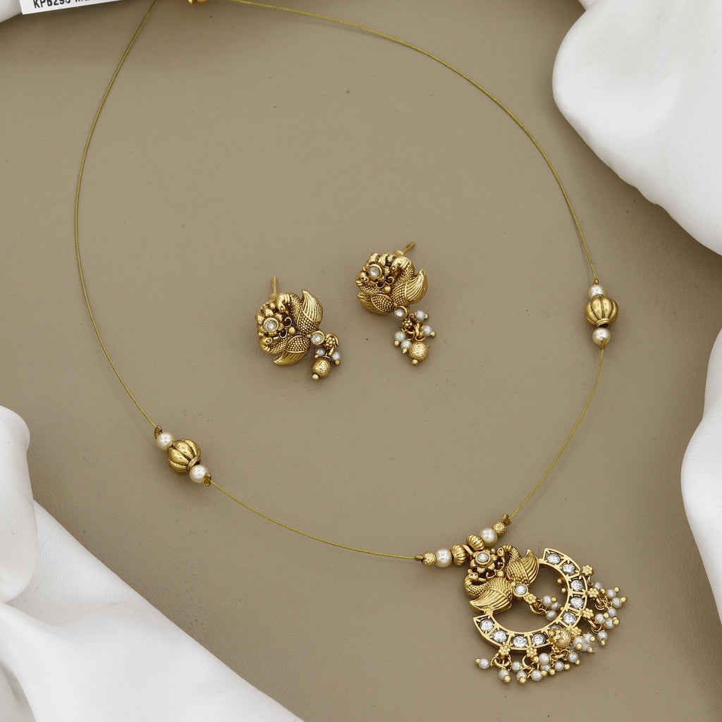 Antique Gold Peacock Chandbali Necklace Set with Stones & Pearls