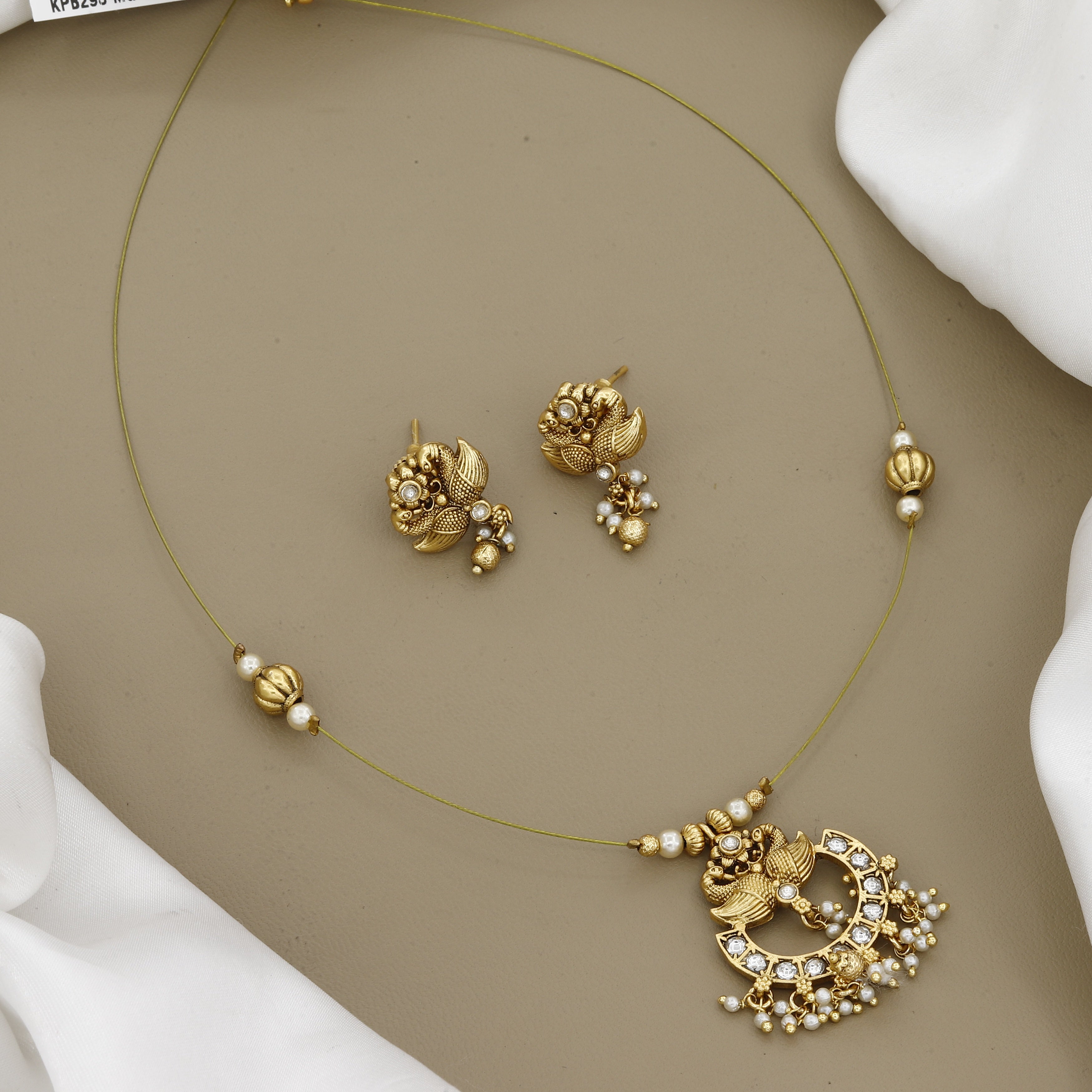 Antique Gold Peacock Chandbali Necklace Set with Stones & Pearls