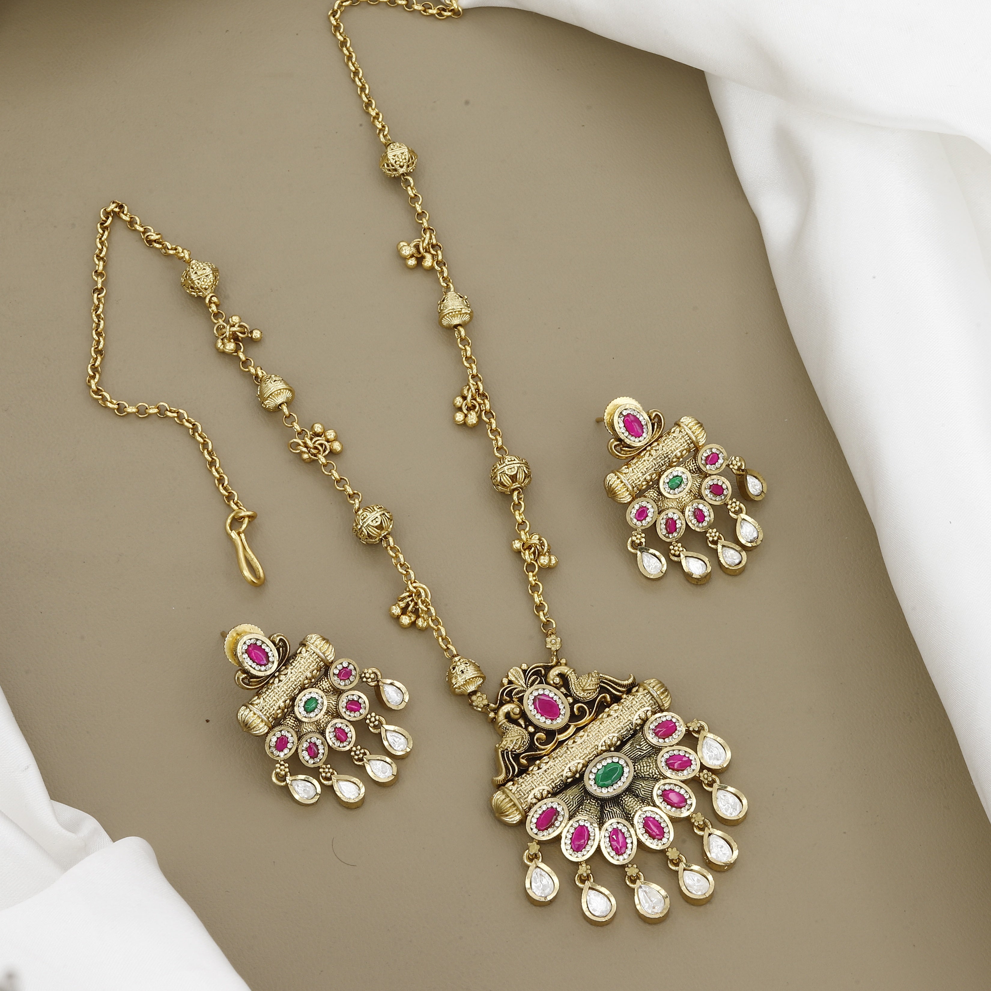 Traditional Kundan & Ruby Long Pendant Necklace Set