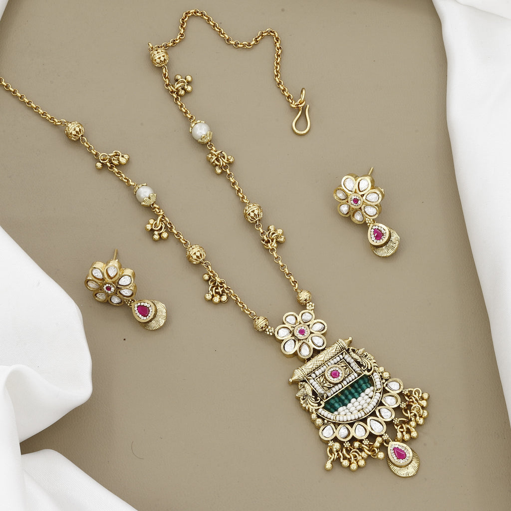 Antique Gold-Plated Long Pendant Necklace Set with Kundan & Seed Pearl Detailing