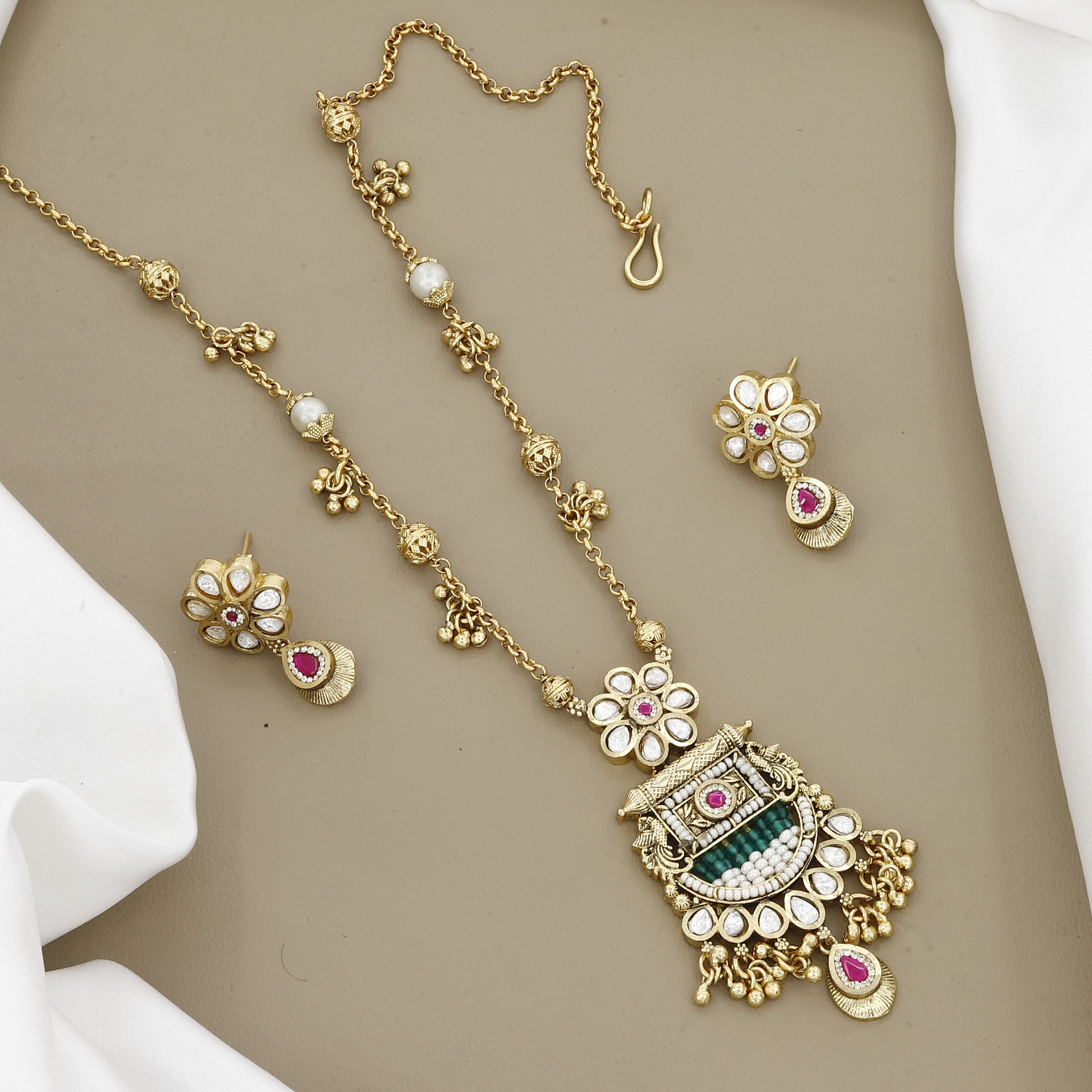 Antique Gold-Plated Long Pendant Necklace Set with Kundan & Seed Pearl Detailing