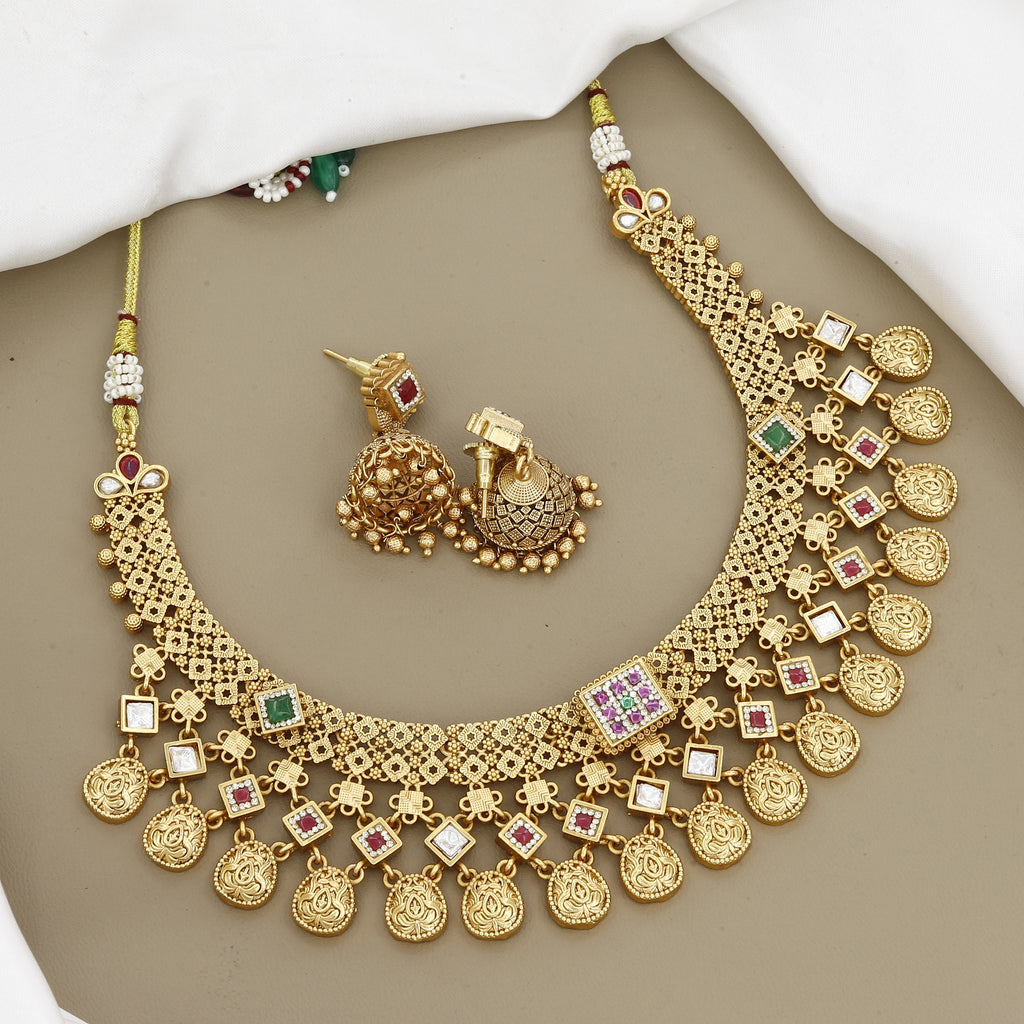 Antique Gold Coin Drop Necklace Set with Jhumkas