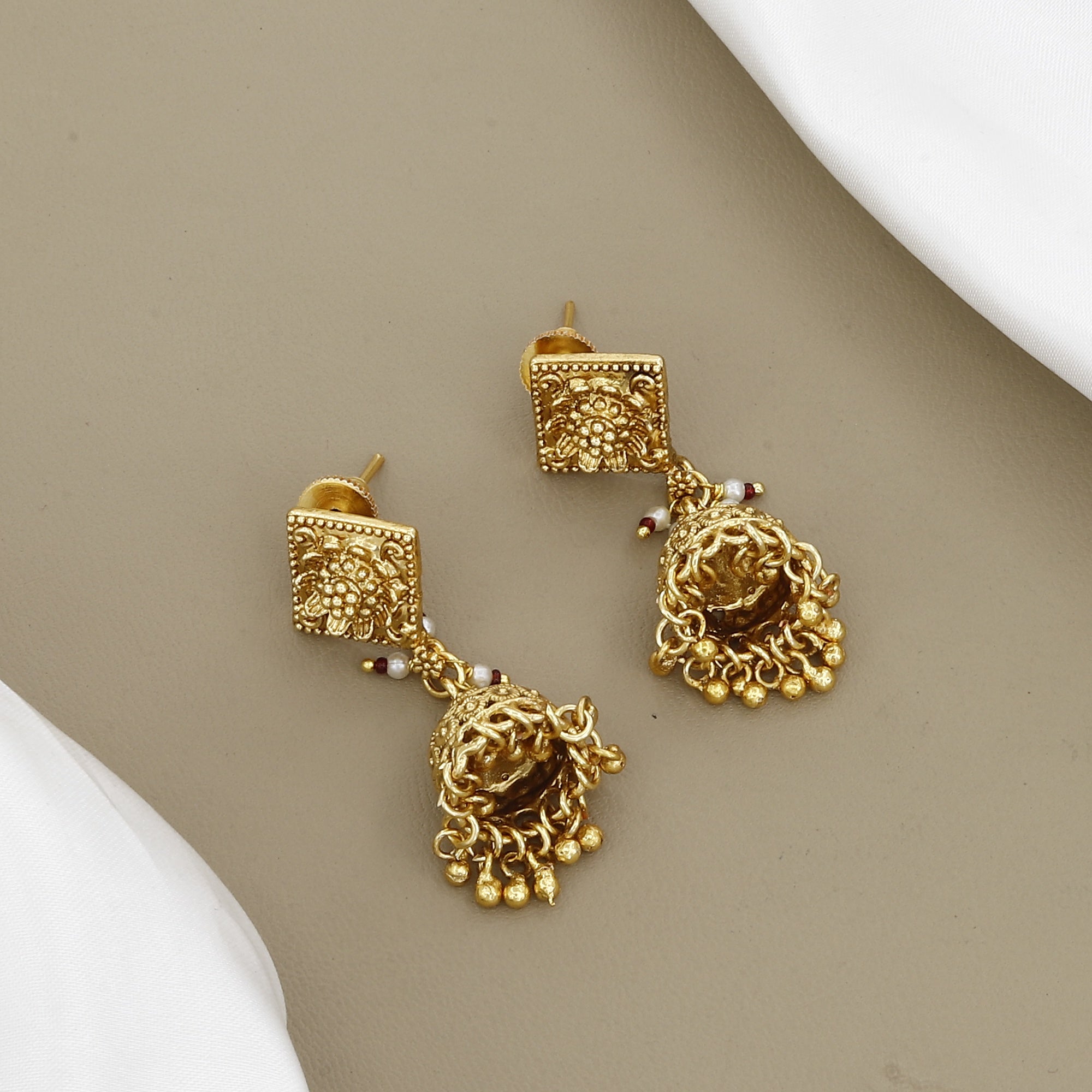 Traditional Antique Gold Multi-Layered Necklace Set with Jhumkas