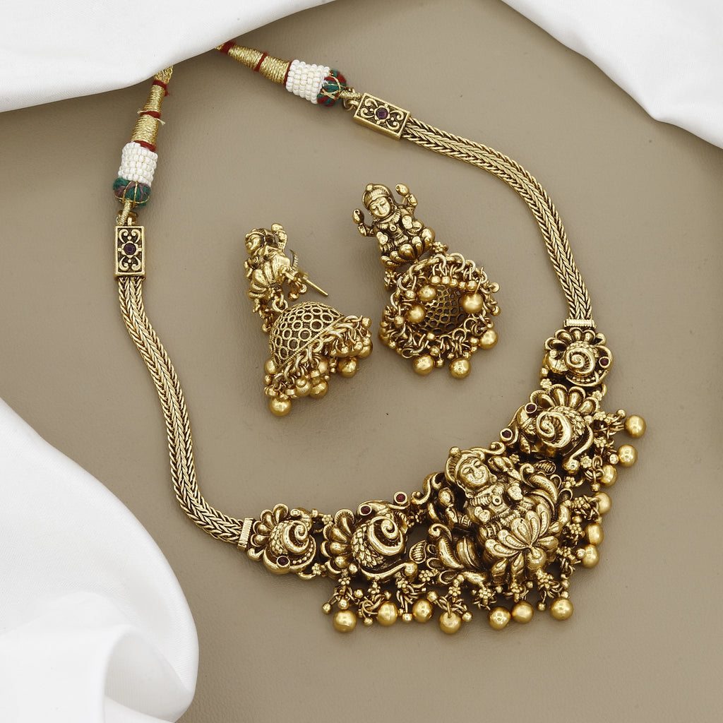 Antique Gold Temple Jewelry Set with Lakshmi Motif