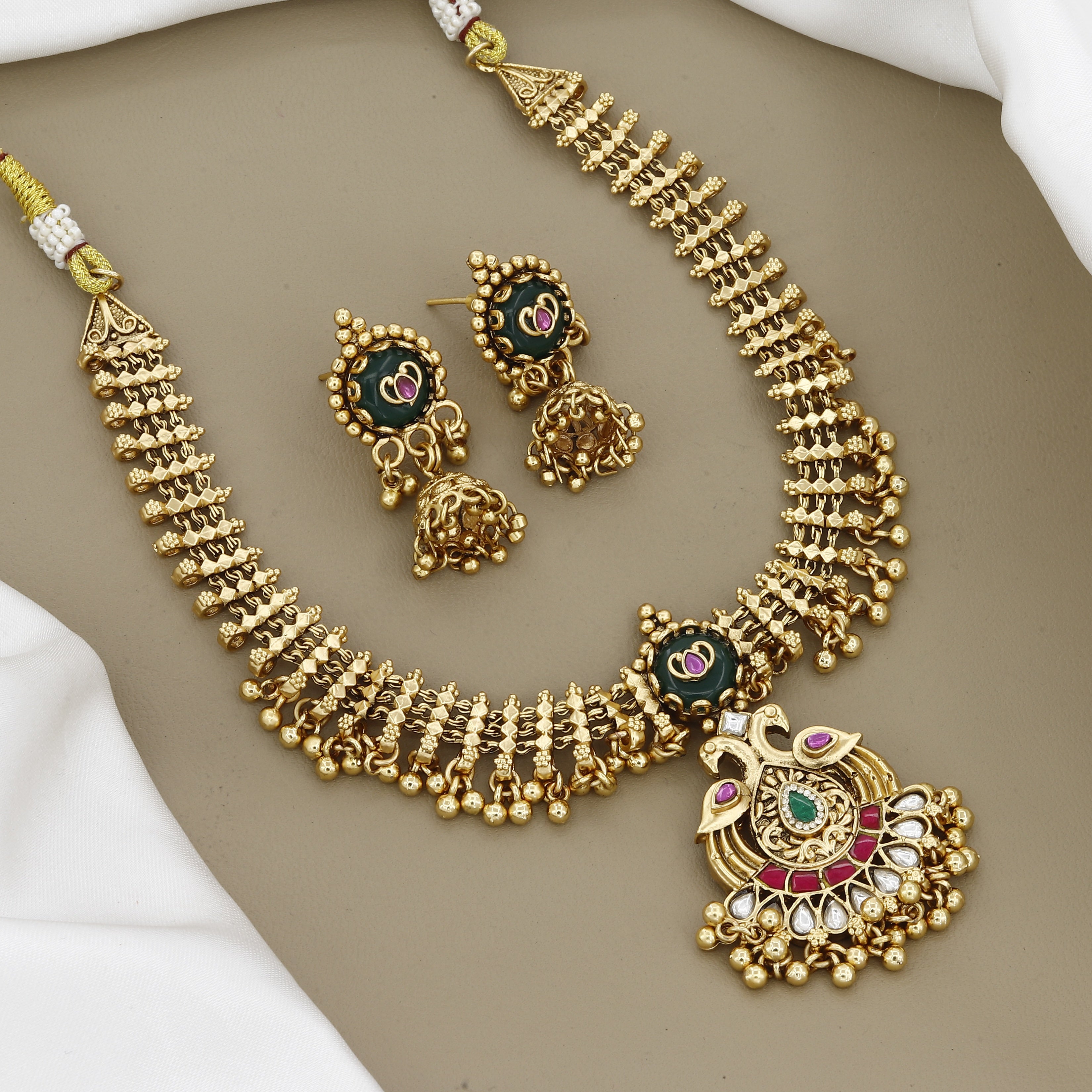 Antique Gold Peacock Pendant Necklace Set with Jhumkas