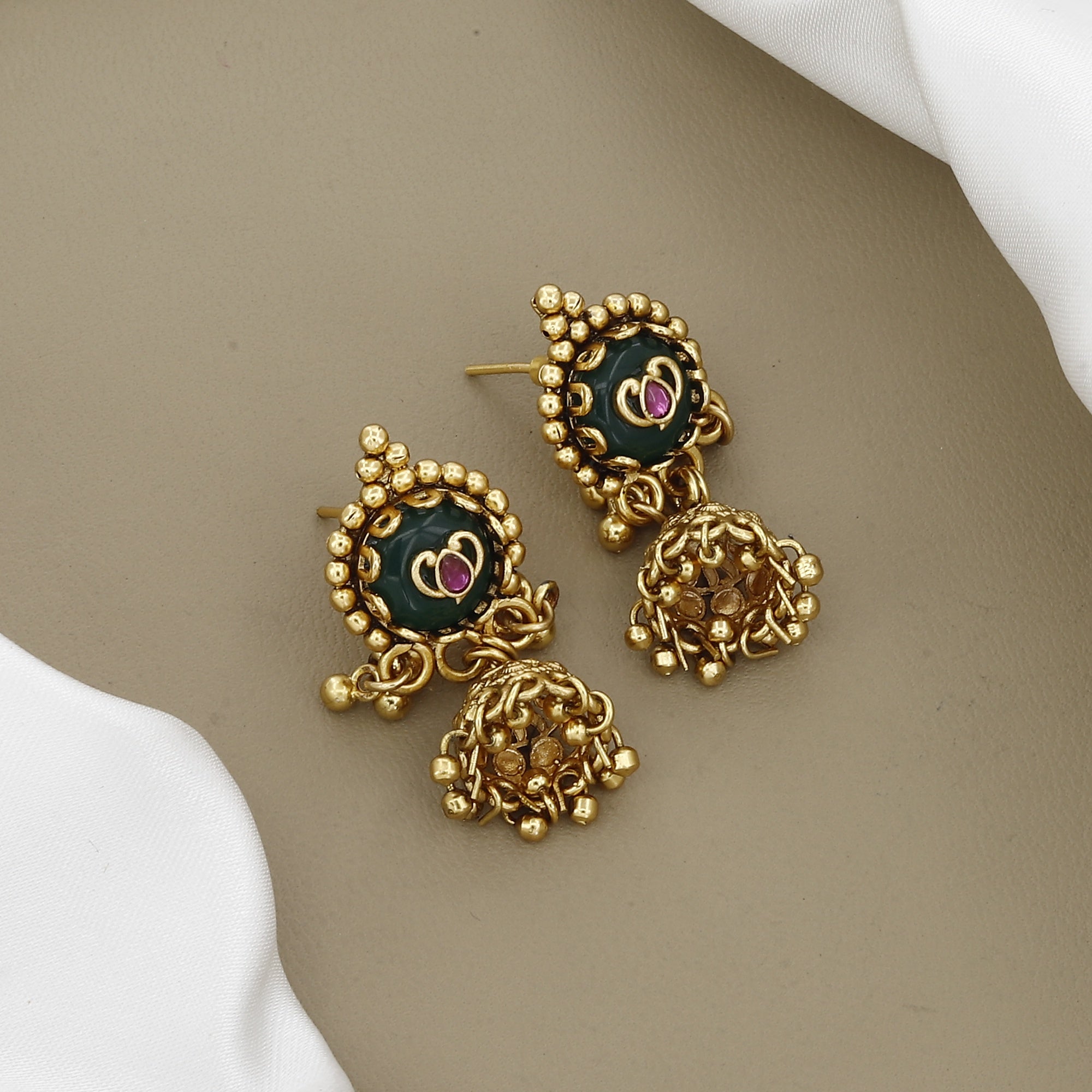 Antique Gold Peacock Pendant Necklace Set with Jhumkas