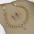Luxury Gold-Plated CZ Stone Necklace Set with Ruby Accents & Floral Motifs