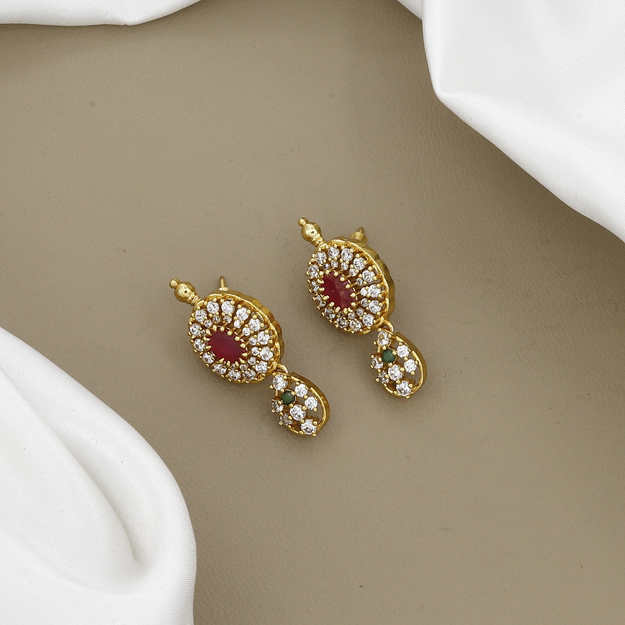 Luxury Gold-Plated CZ Stone Necklace Set with Ruby Accents & Floral Motifs