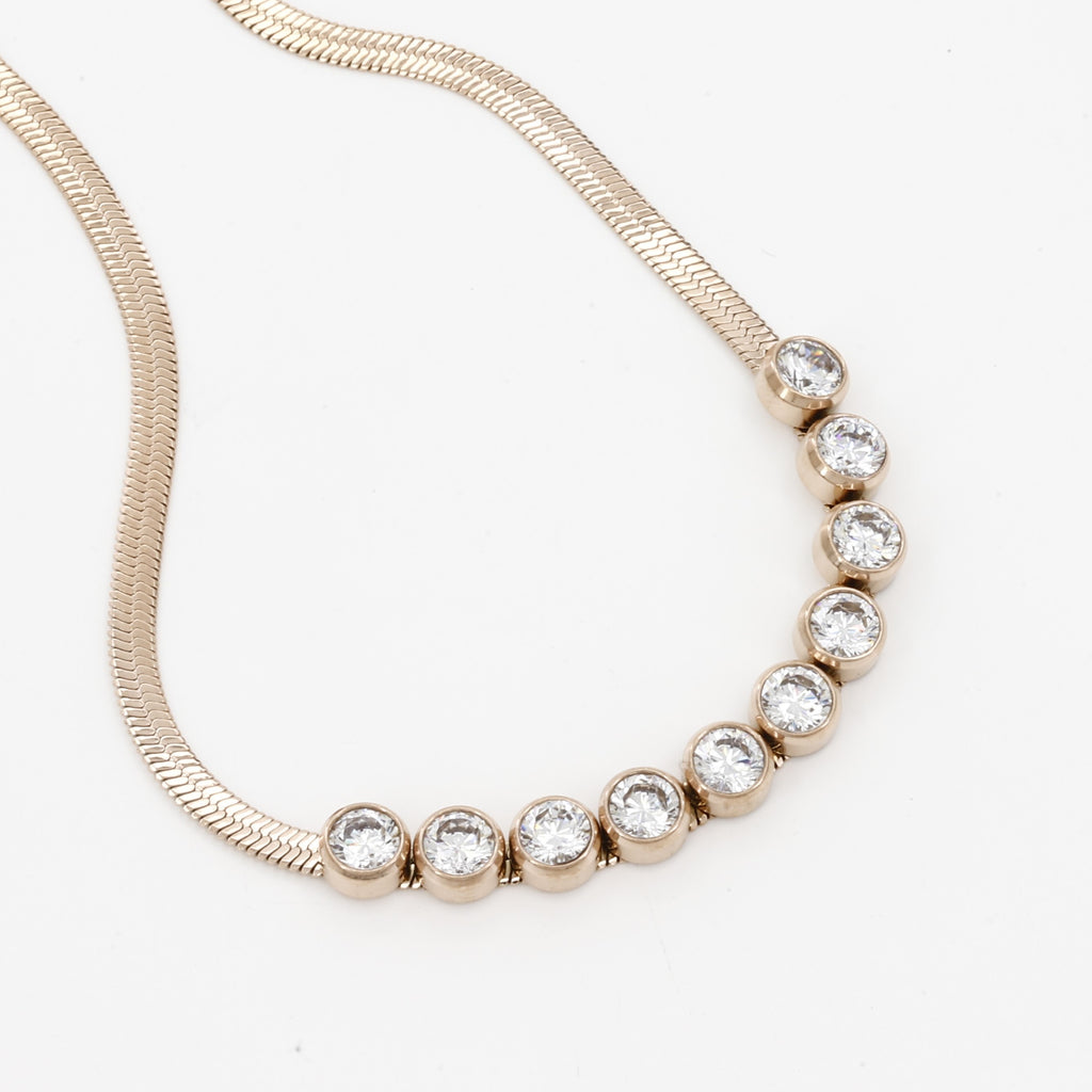 Curved Crystal Bar Modern Rose Gold Flat Chain Necklace