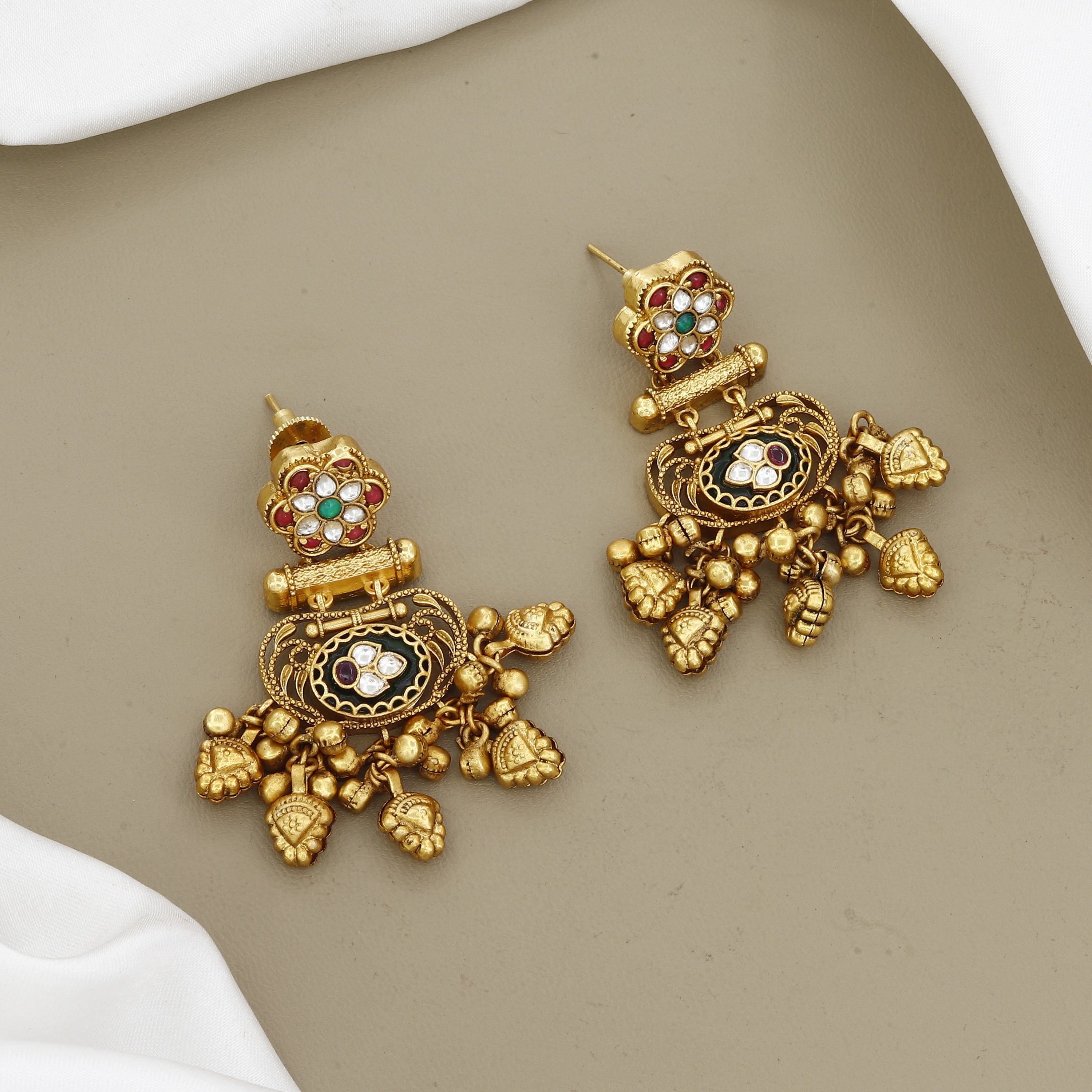 Antique Gold-Plated Filigree Necklace Set with Bold Enamel Accents and Heavy Clusters