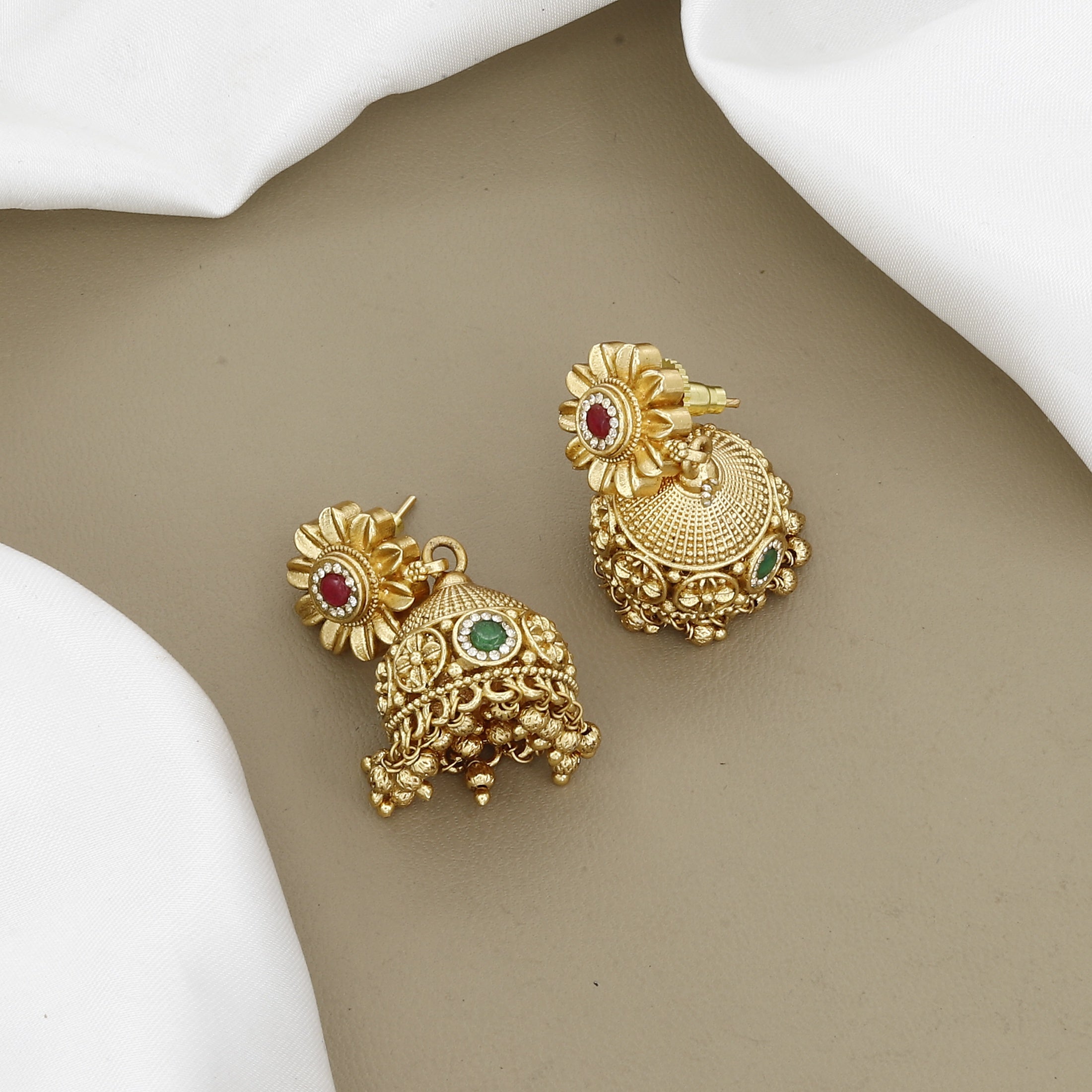 Traditional Gold-Plated Sun-Motif Temple Necklace Set with Ruby & Emerald Beads