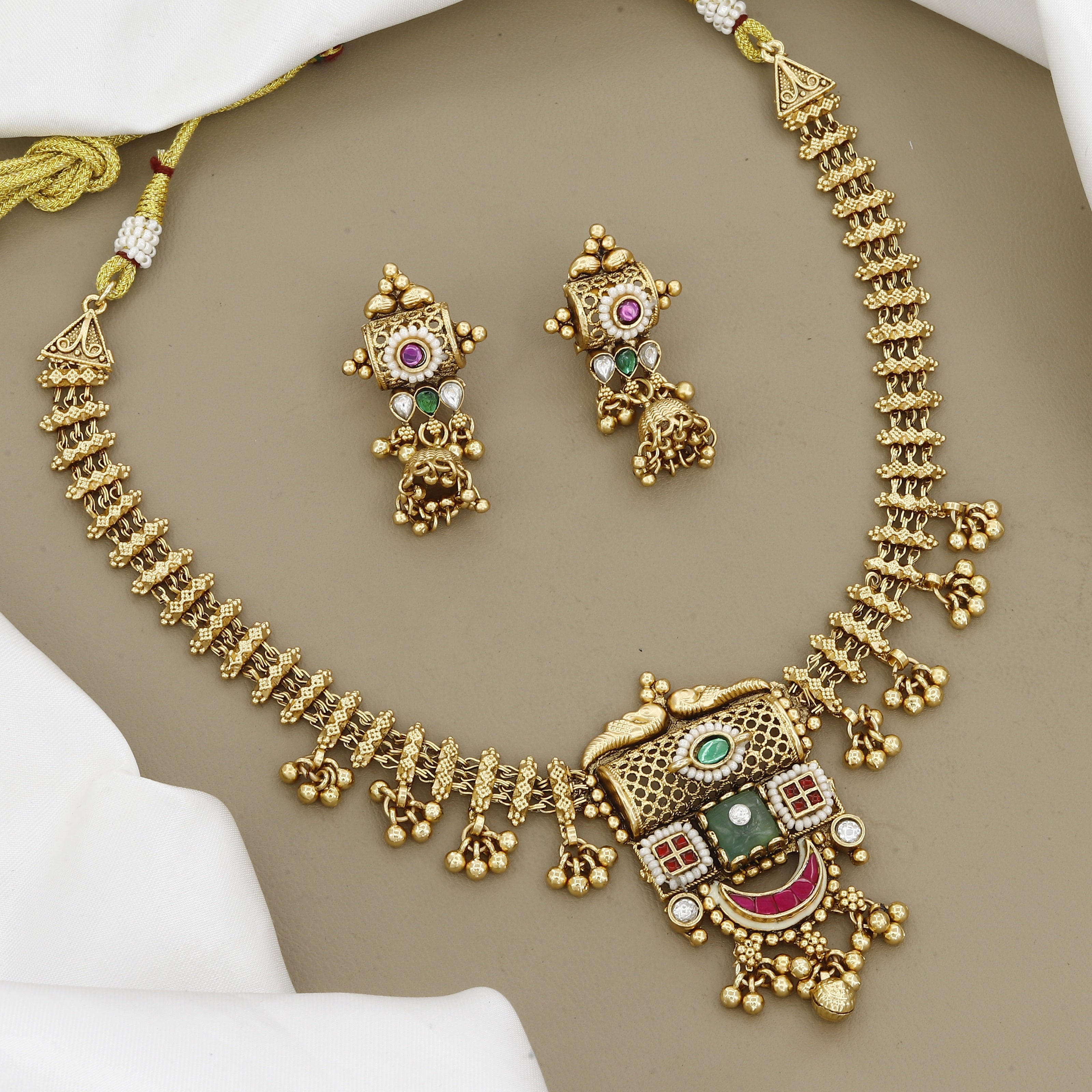 Antique Gold Finish Traditional Necklace Set with Earrings