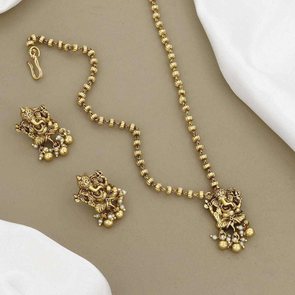 Antique Gold-Plated Lord Ganesha Necklace & Earrings Set