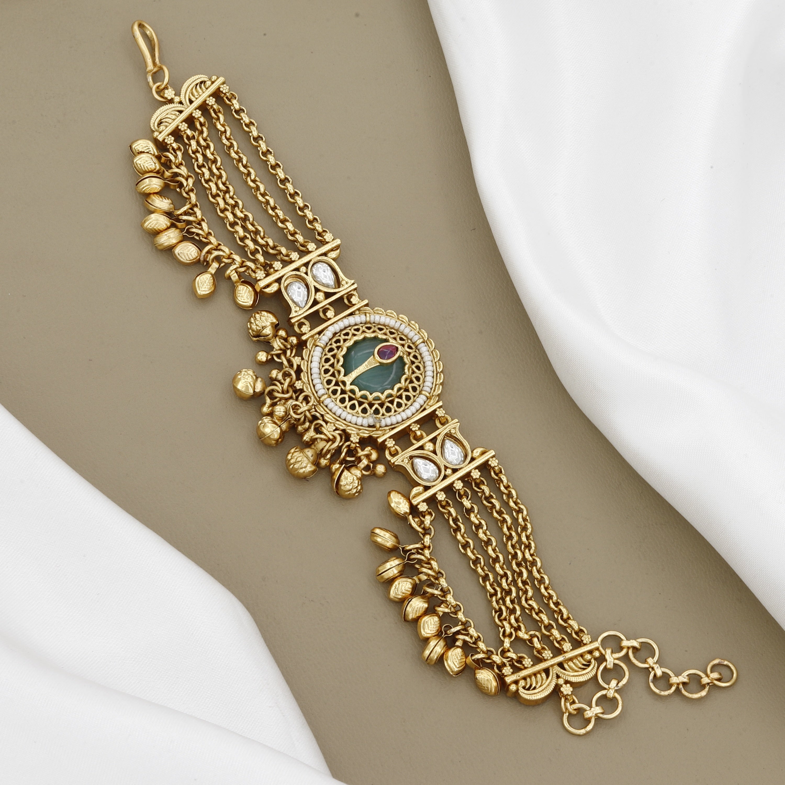 Antique Gold Kundan & Green Stone Bracelet