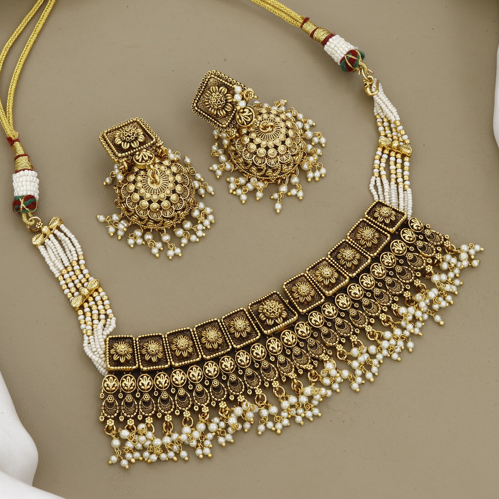 Traditional Pearl Beaded Antique Gold Choker & Earring Set