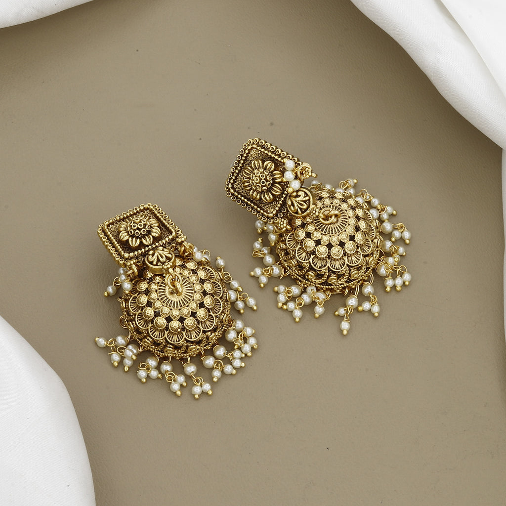 Traditional Pearl Beaded Antique Gold Choker & Earring Set