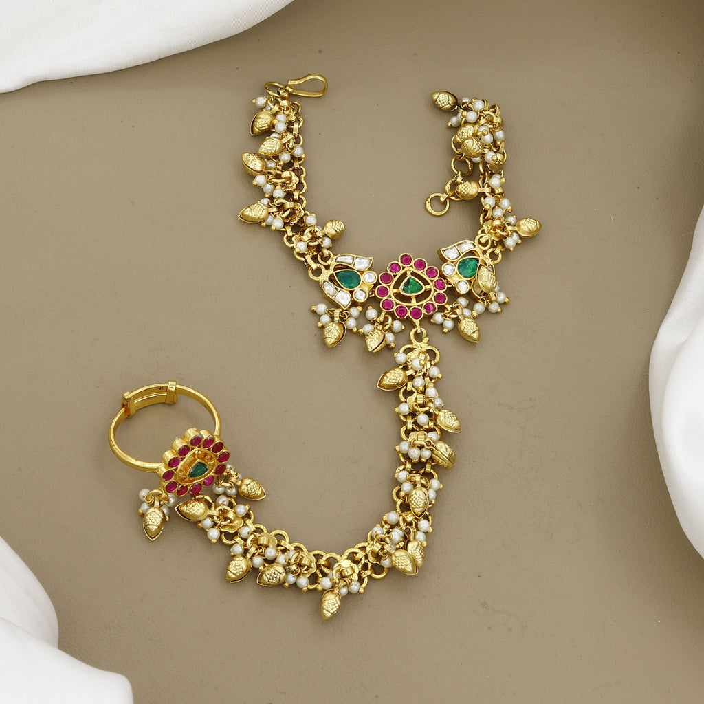 Traditional Gold-Plated Pearl Hathphool with Pink & Green Stones