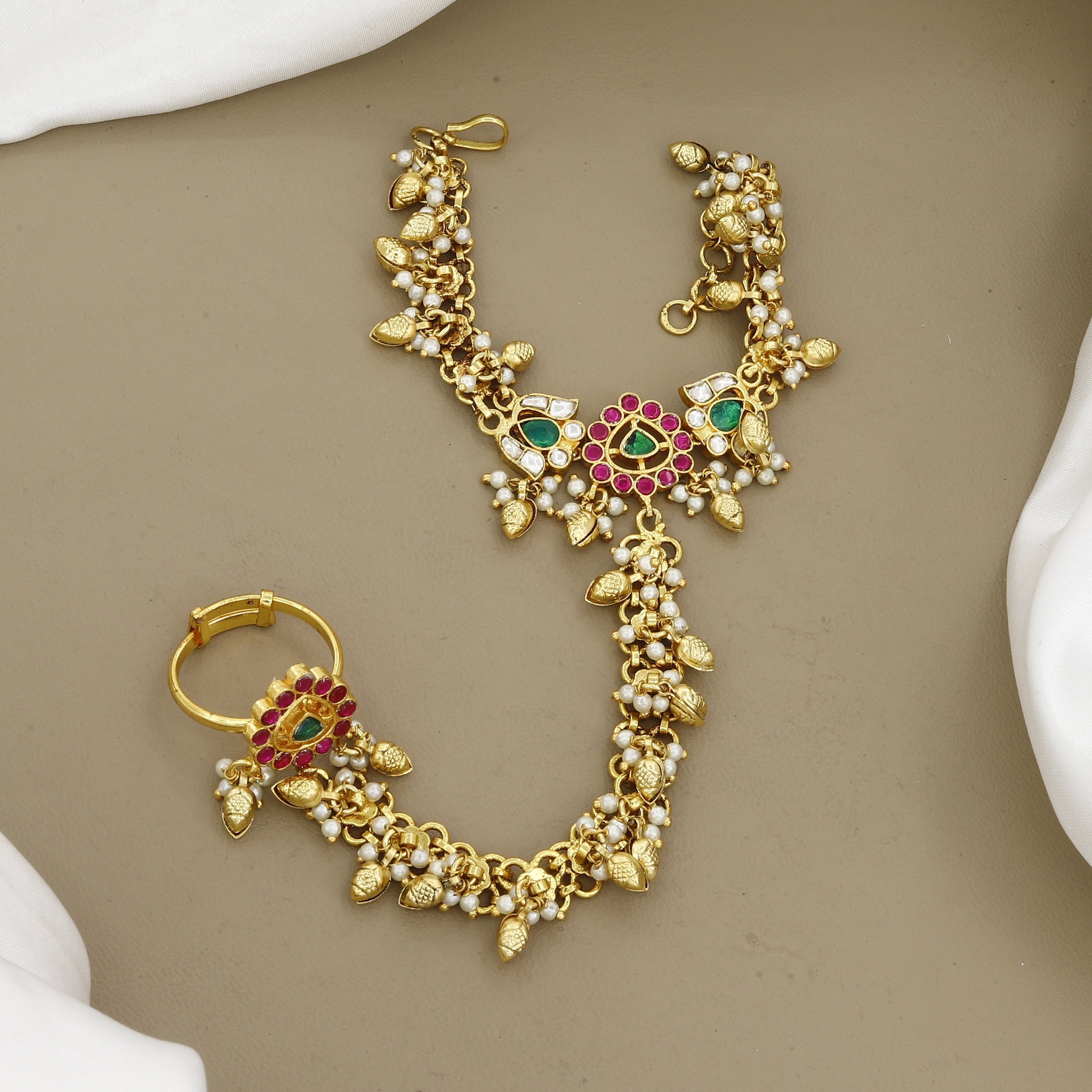 Traditional Gold-Plated Pearl Hathphool with Pink & Green Stones