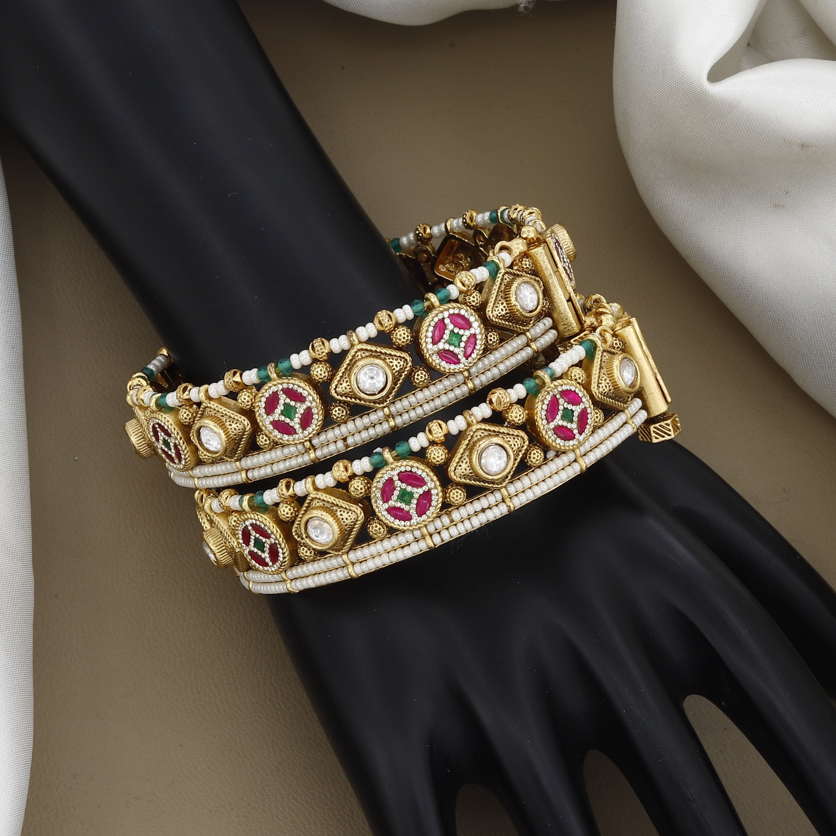 Elegant Gold-Plated Pearl & Multi-Stone Studded Patlas