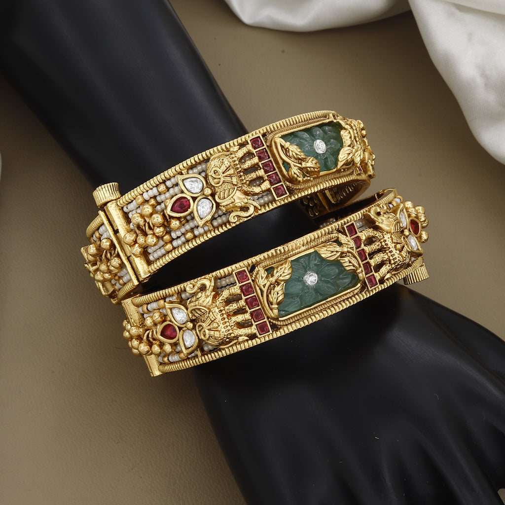 Antique Gold Guttapusalu Kada Bangles with Carved Emerald & Ruby Accents