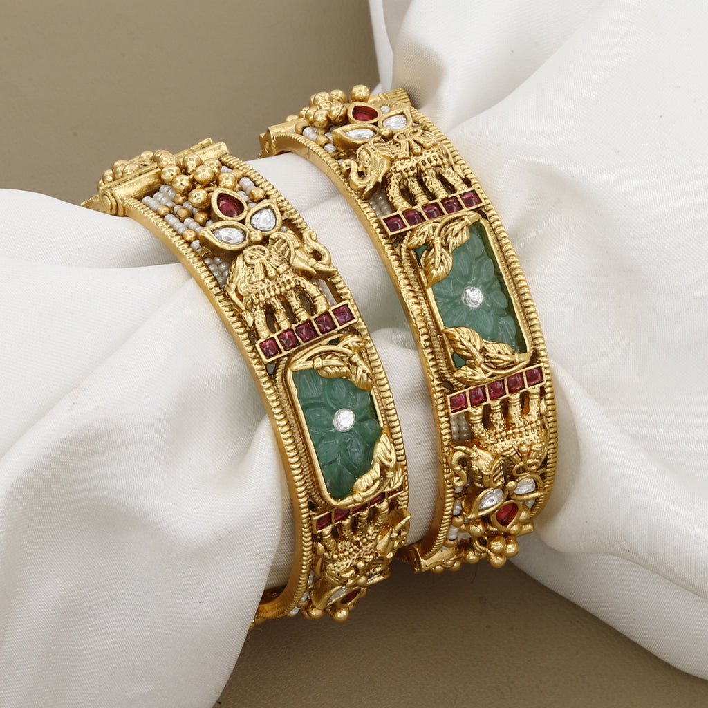 Antique Gold Guttapusalu Kada Bangles with Carved Emerald & Ruby Accents