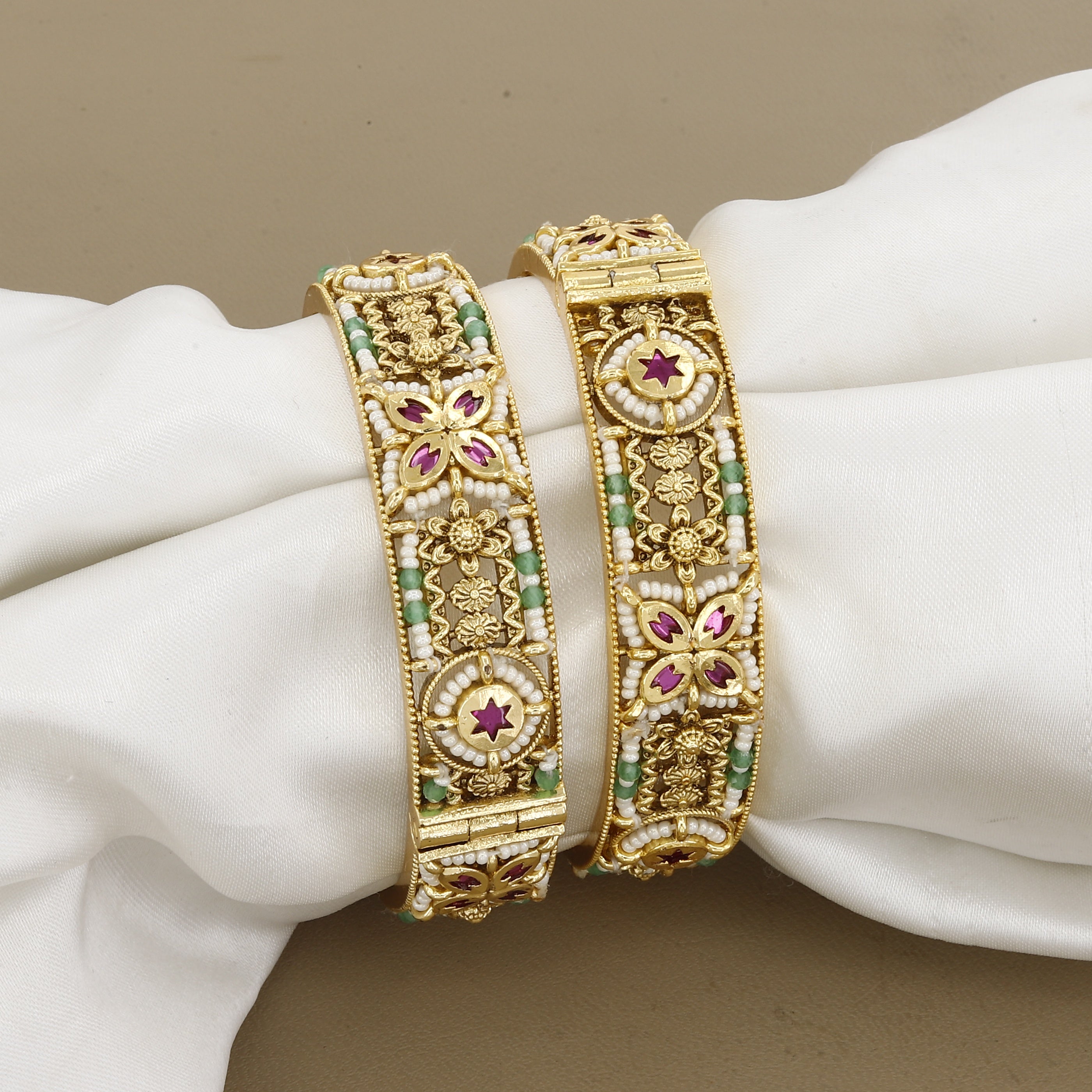 Antique Gold-Plated Ruby and Pearl Floral Kada Bangles