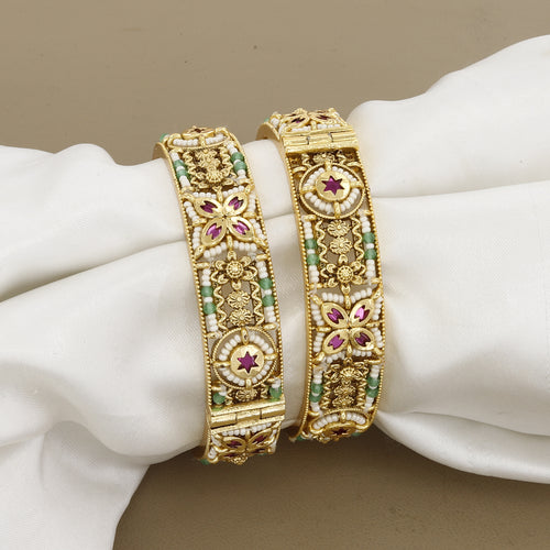 Antique Gold-Plated Ruby and Pearl Floral Kada Bangles