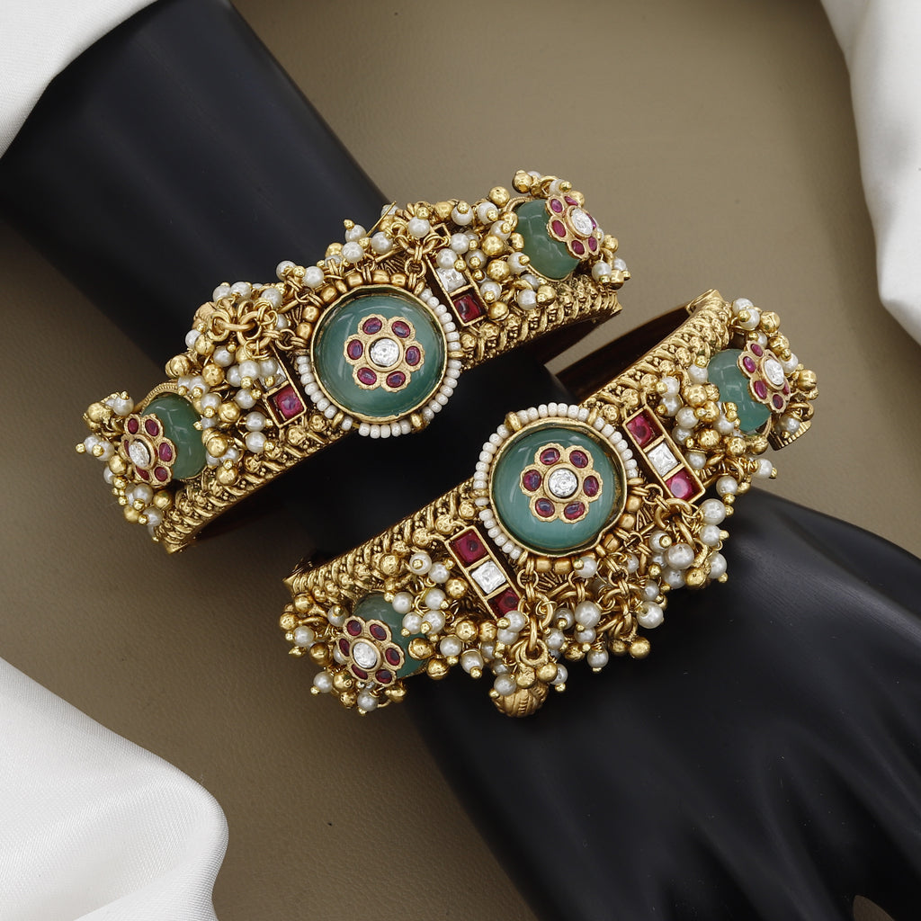 Statement Antique Gold Kada with Carved Green Stones and Pearl Clusters