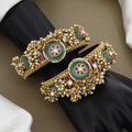 Statement Antique Gold Kada with Carved Green Stones and Pearl Clusters