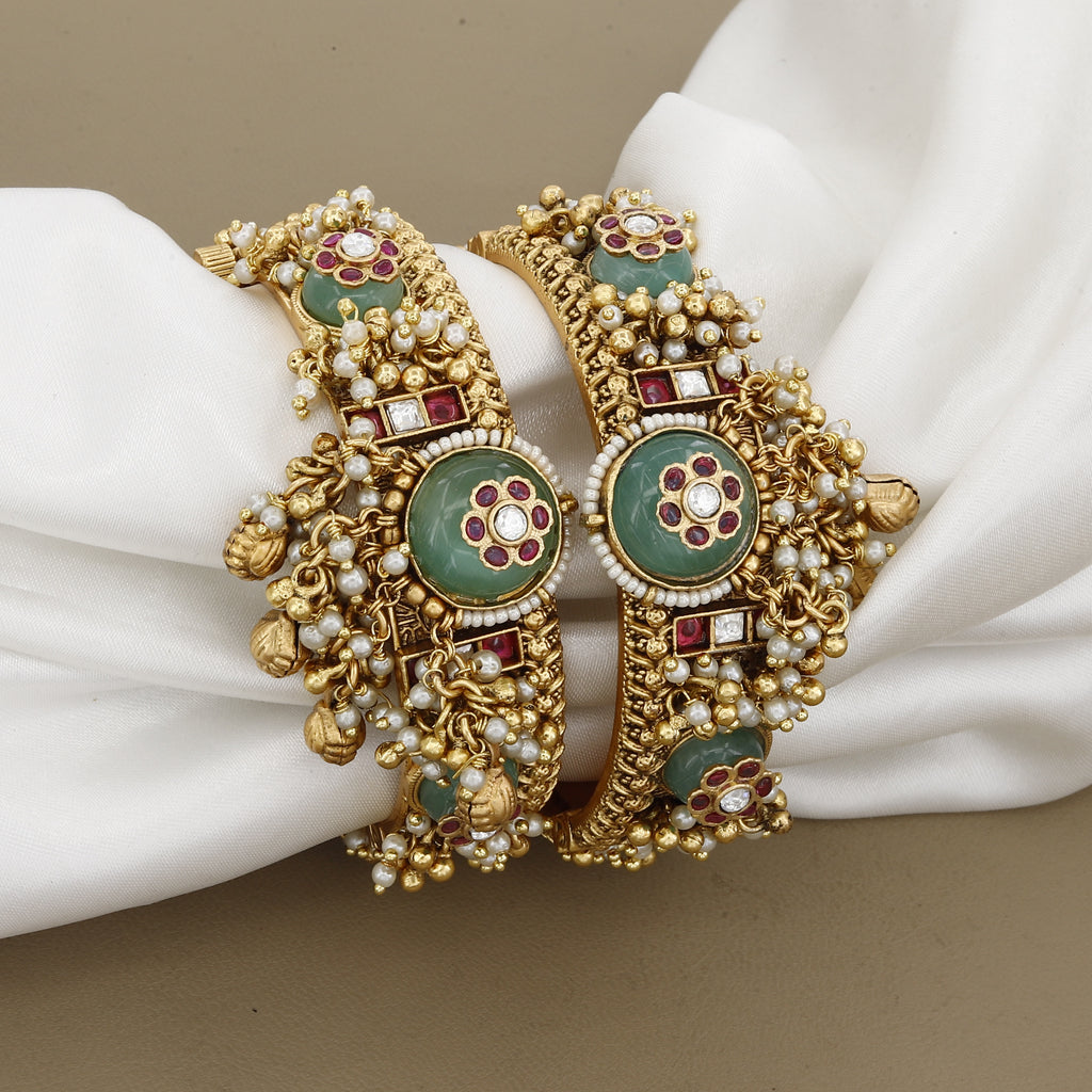 Statement Antique Gold Kada with Carved Green Stones and Pearl Clusters