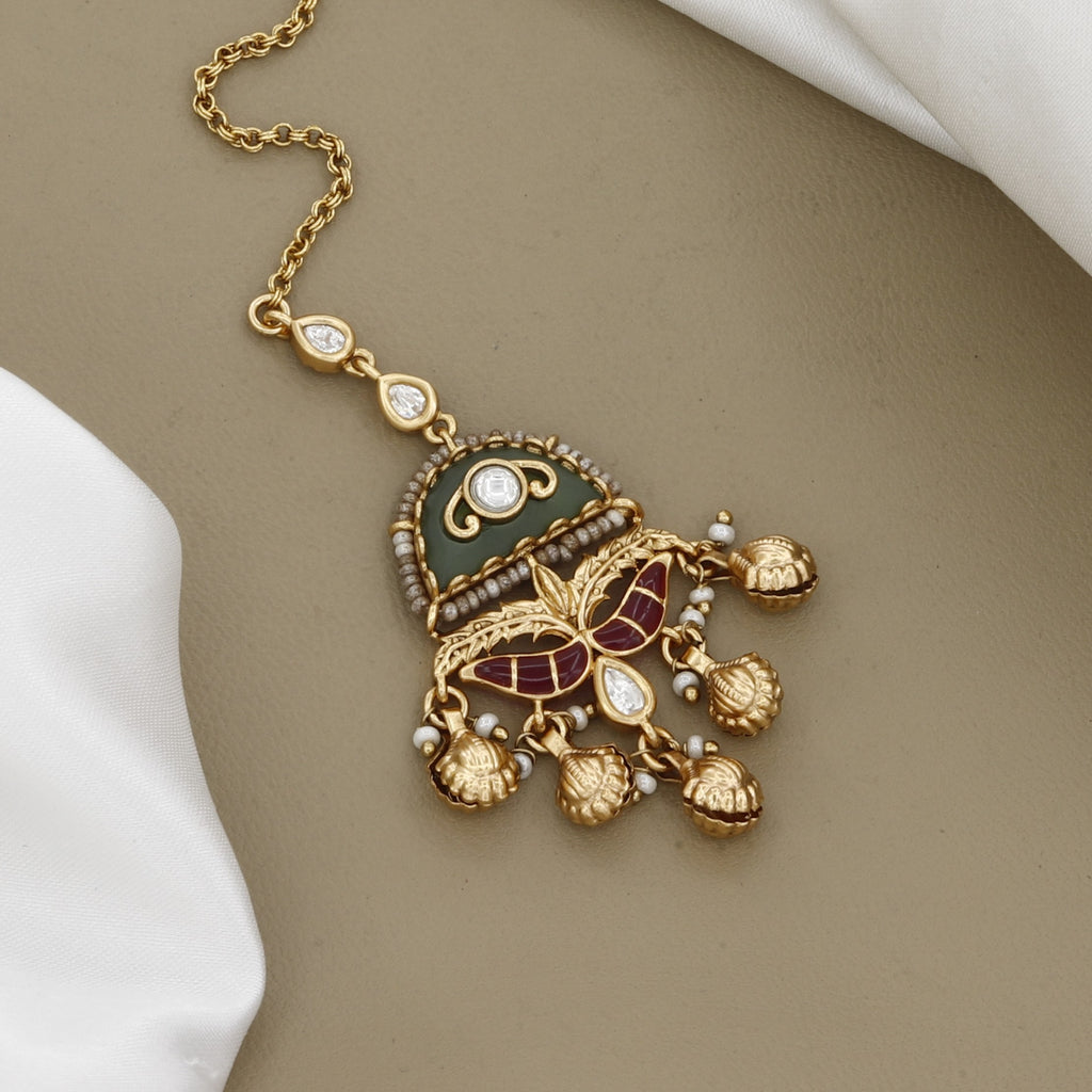Antique Gold Floral Maang Tikka with Kundan and Green Bead Drops